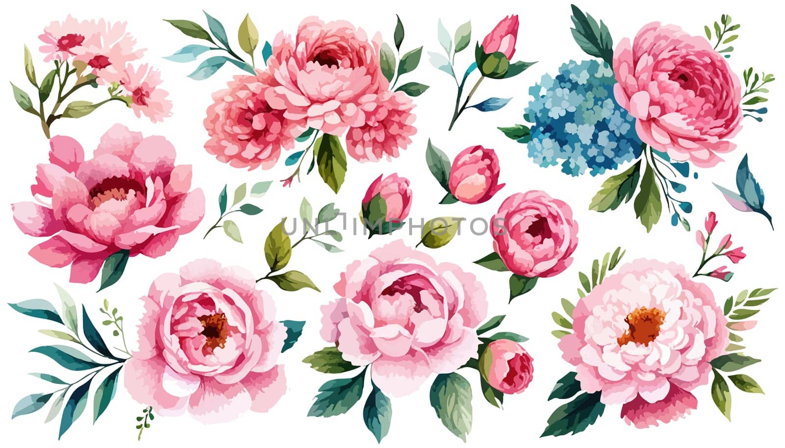 Pink Peonies on white isolated background. Watercolor flowers. Watercolor floral illustration set