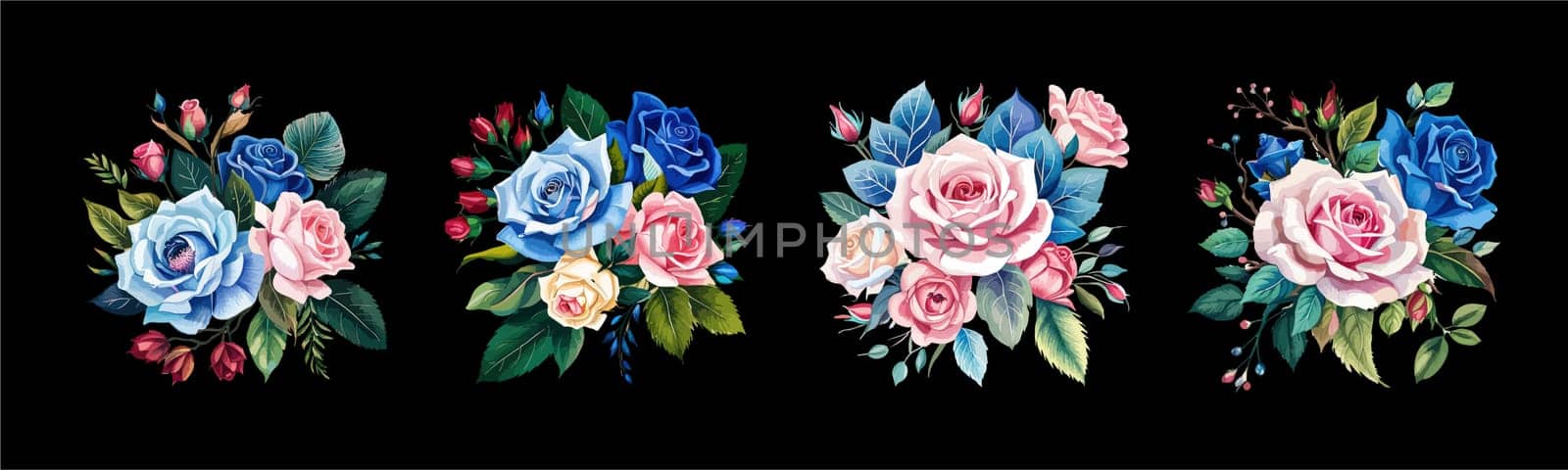 Banner set Watercolor floral bouquet lush pink blue red flower roses green leaf by EkaterinaPereslavtseva