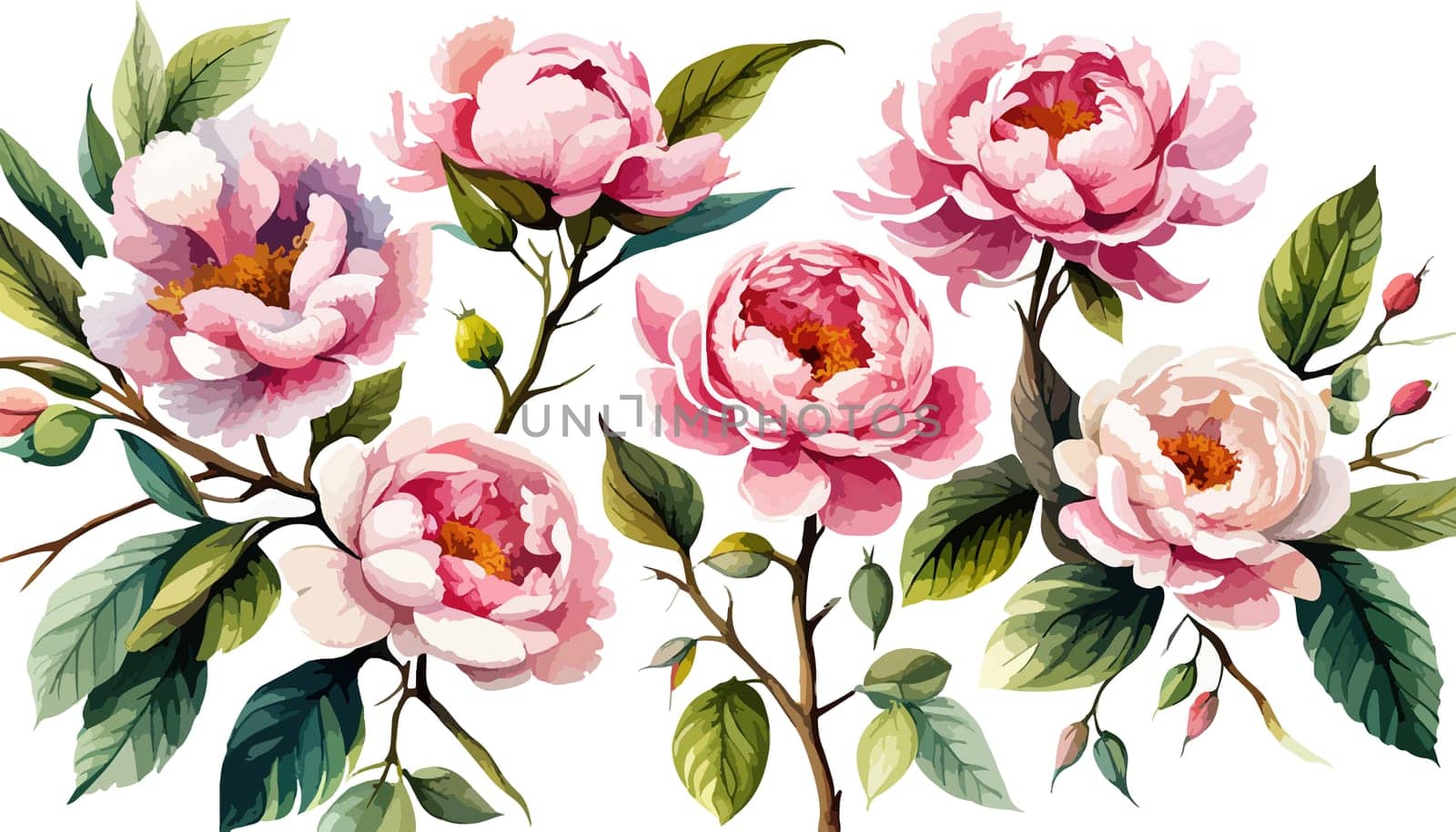 Painted floral elements set. Watercolor botanical illustration of peony flowers by EkaterinaPereslavtseva