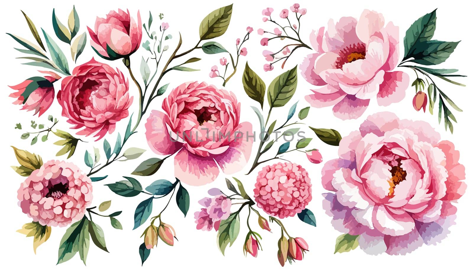 Watercolor flower illustration, pink peony on a white background. Set Peonies flowers illustration