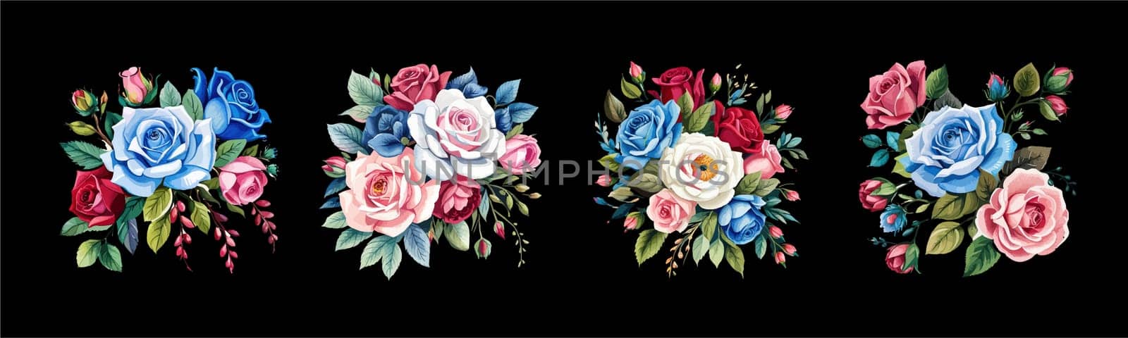 Banner set Watercolor floral bouquet lush pink blue red flower roses green leaf by EkaterinaPereslavtseva