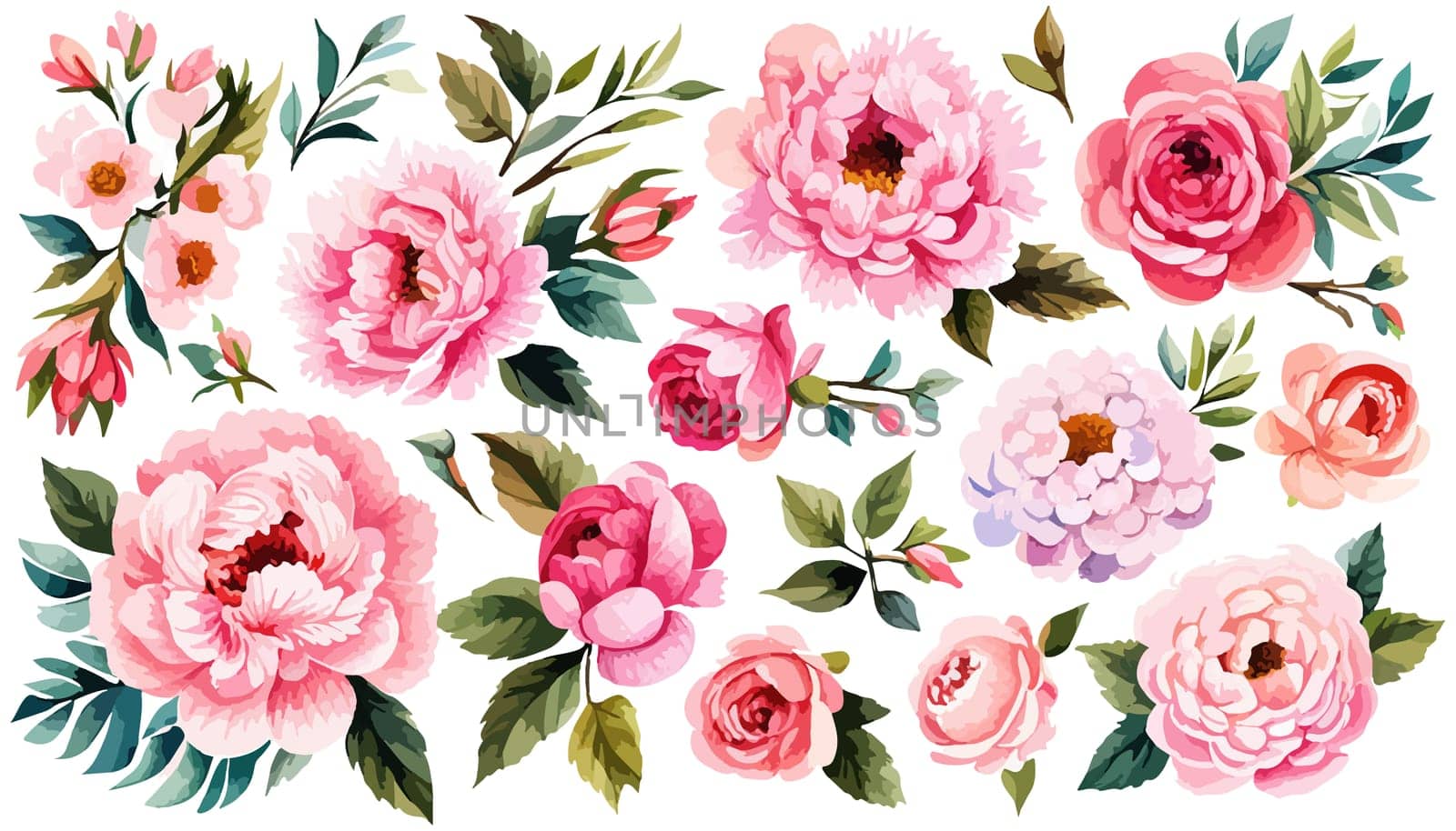 Set Spring flowers on white background. Watercolor illustration. Pink peonies, leaves, illustration