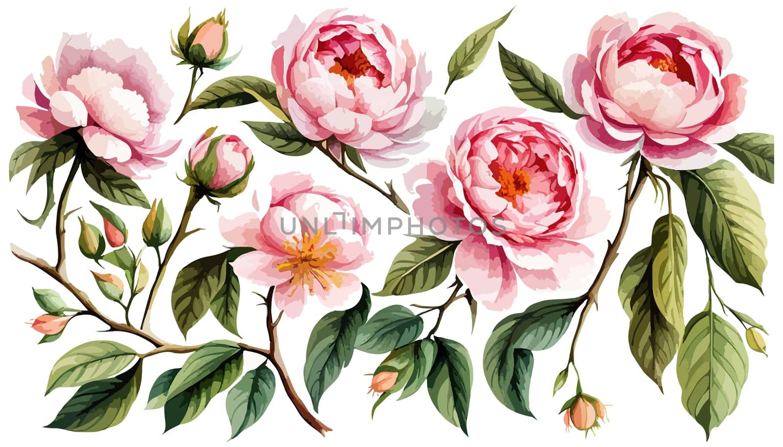 Large pink peonies set. Drawn botanical illustration. Realistic isolated objects on white background for your design