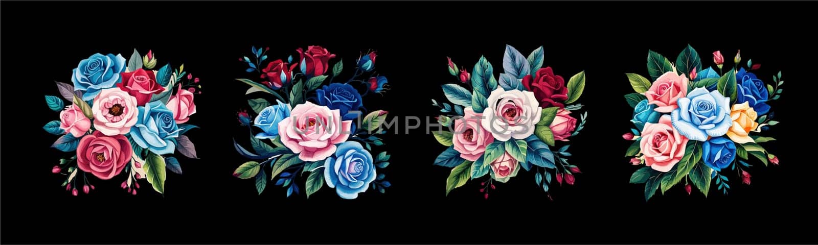 Banner set Watercolor floral bouquet lush pink blue red flower roses green leaf leaves branches bouquets collection. Decorative elements template. illustration isolated on white background