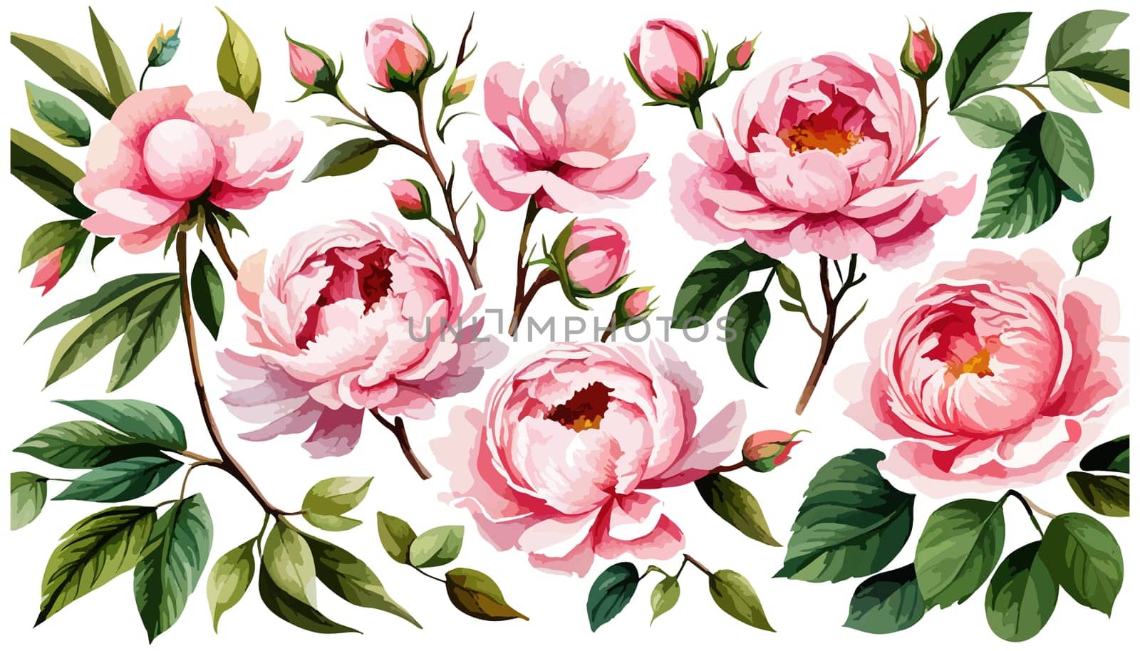 Set pink peonies watercolor flowers on an isolated white background, watercolor peony illustration, botanical painting, stock illustration.