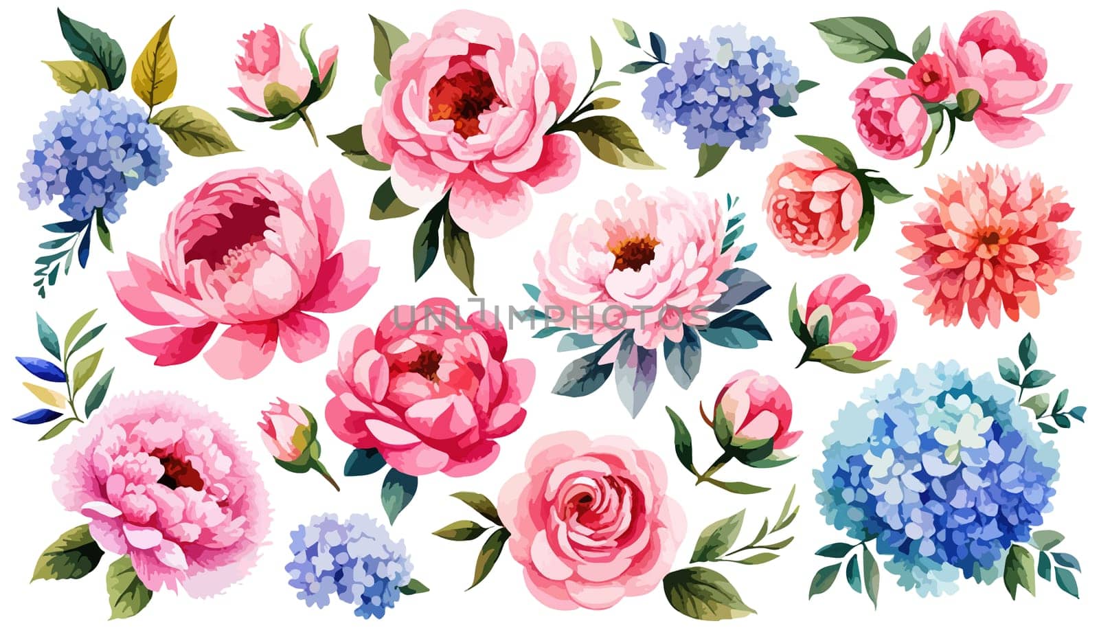 Set Spring flowers on white background. Watercolor illustration. Pink peonies, leaves, illustration