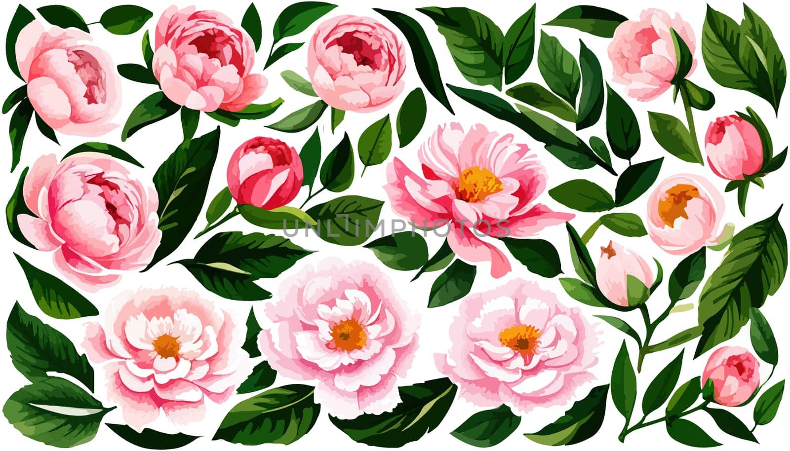 Painted floral elements set. Watercolor botanical illustration of peony flowers by EkaterinaPereslavtseva