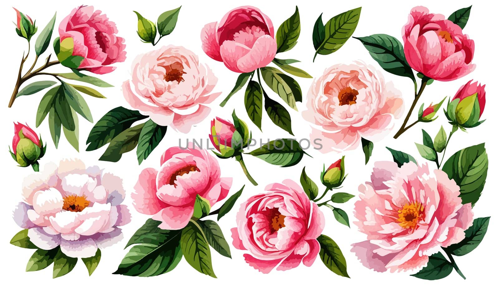 Watercolor floral set. Pink peonies flower, green leaves individual elements by EkaterinaPereslavtseva