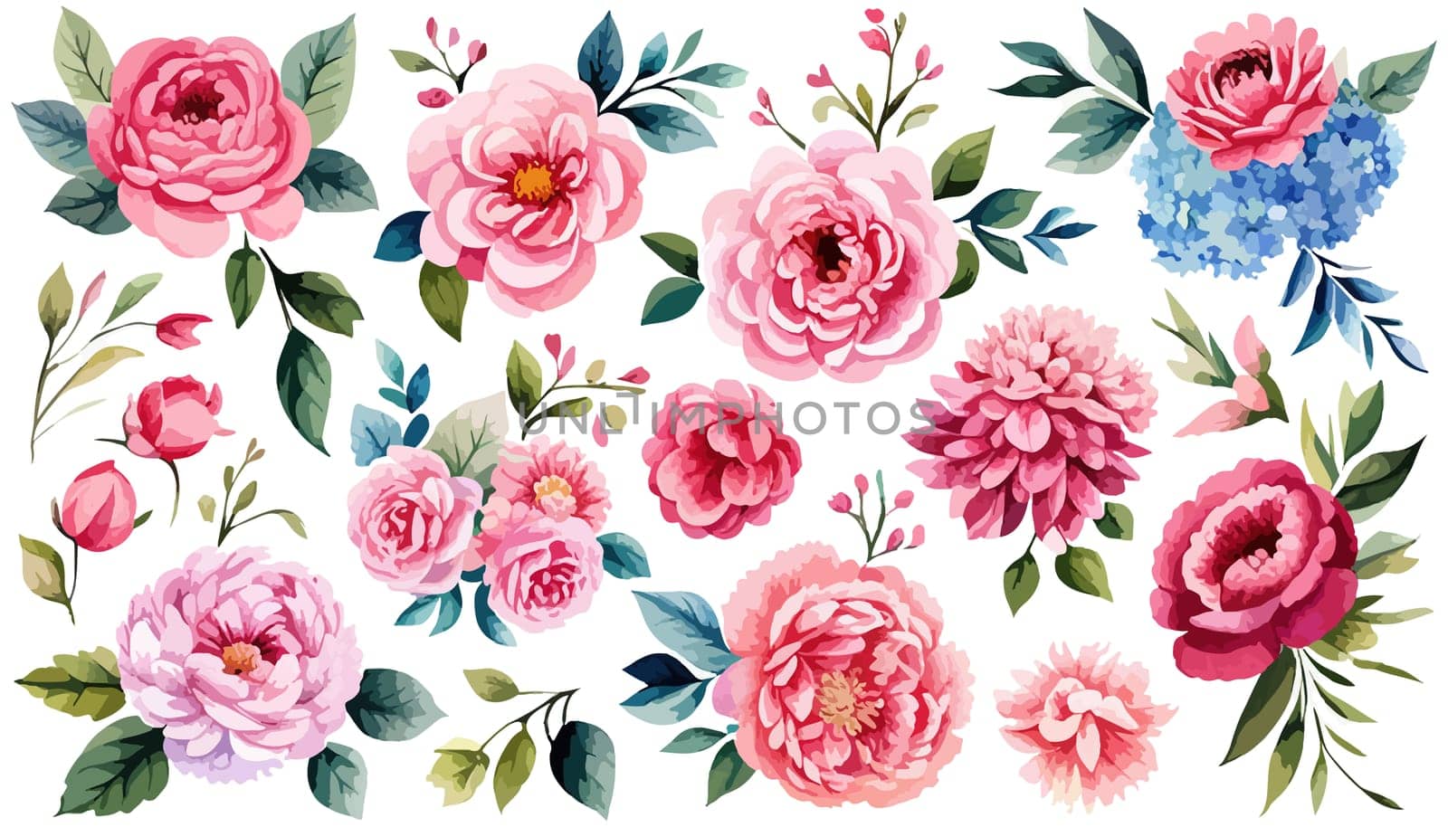 Set pink peonies watercolor flowers on an isolated white background, watercolor by EkaterinaPereslavtseva