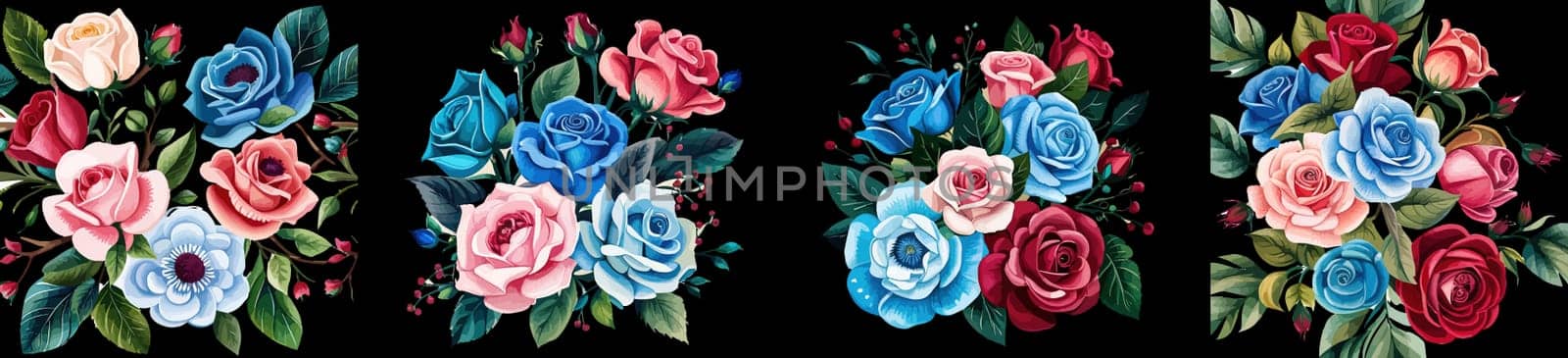 Banner set Watercolor floral bouquet lush pink blue red flower roses green leaf leaves branches bouquets collection. Decorative elements template. illustration isolated on white background