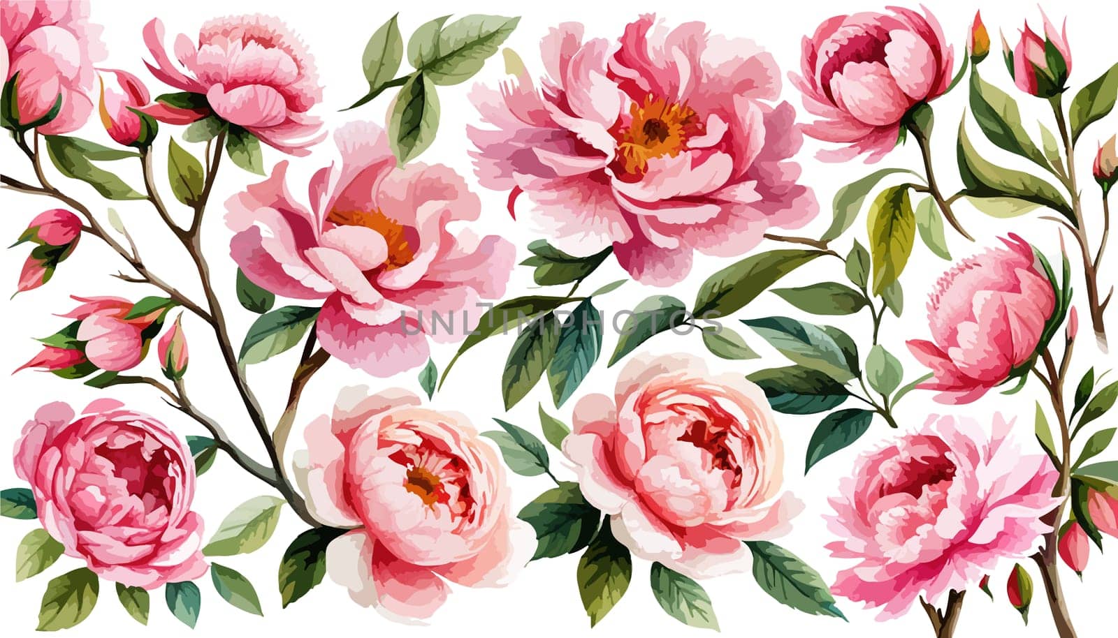 Painted floral elements set. Watercolor botanical illustration of peony flowers and leaves. Natural objects isolated on white background illustration