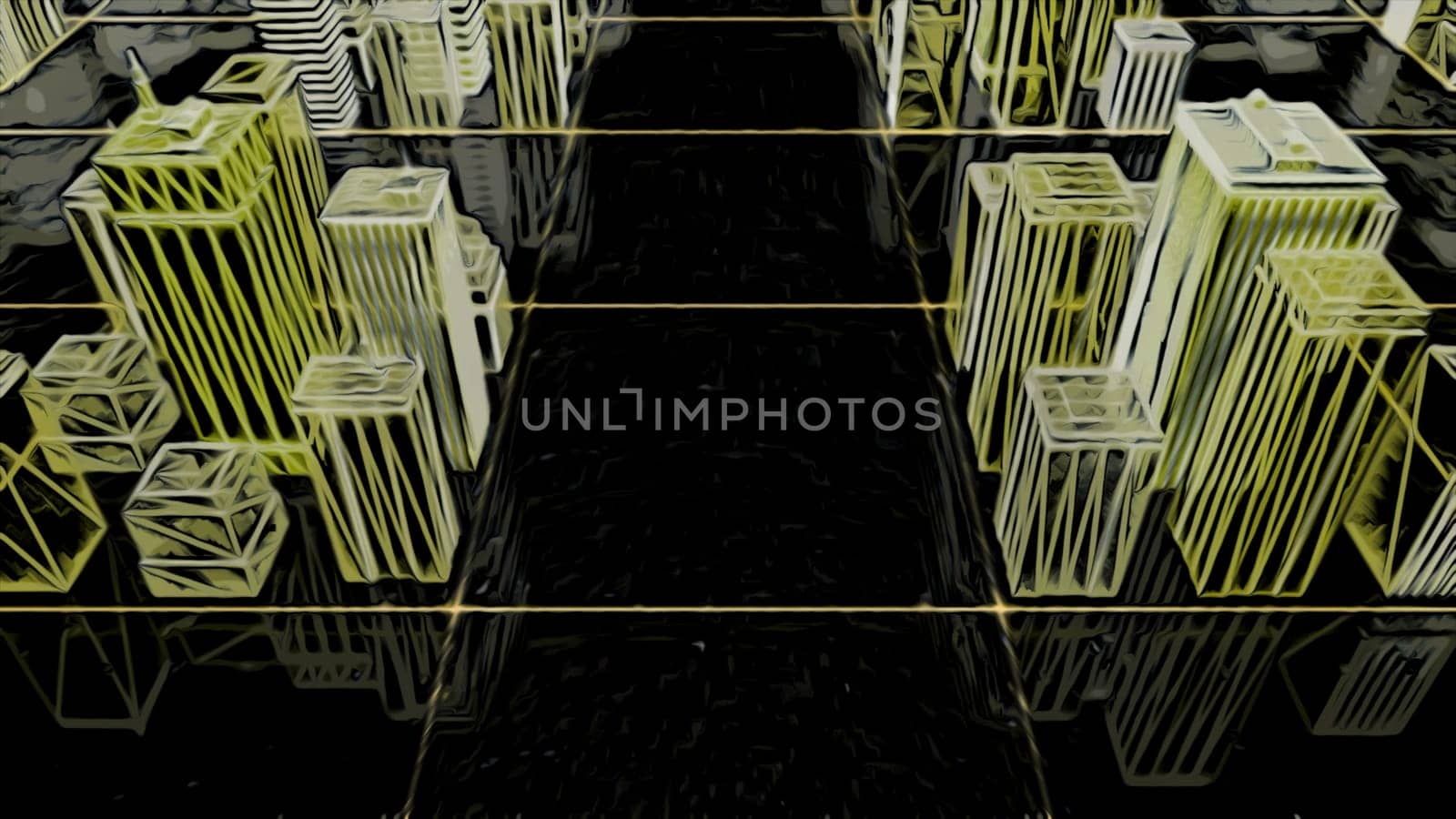 3D layout of a big city. Animation. Visualization of buildings and streets of a town