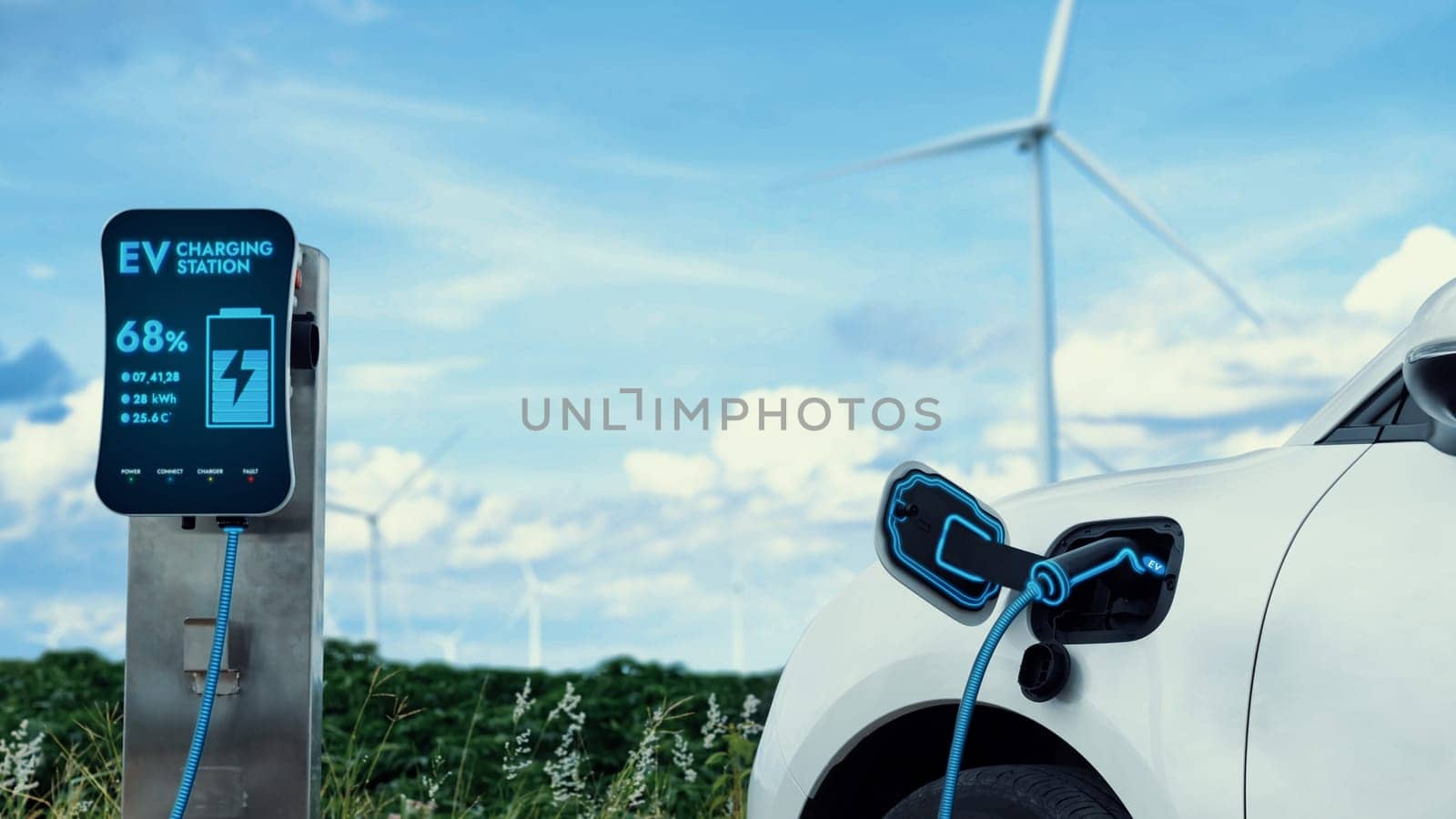 Electric car recharging energy from charging station in wind turbine farm.Peruse by biancoblue