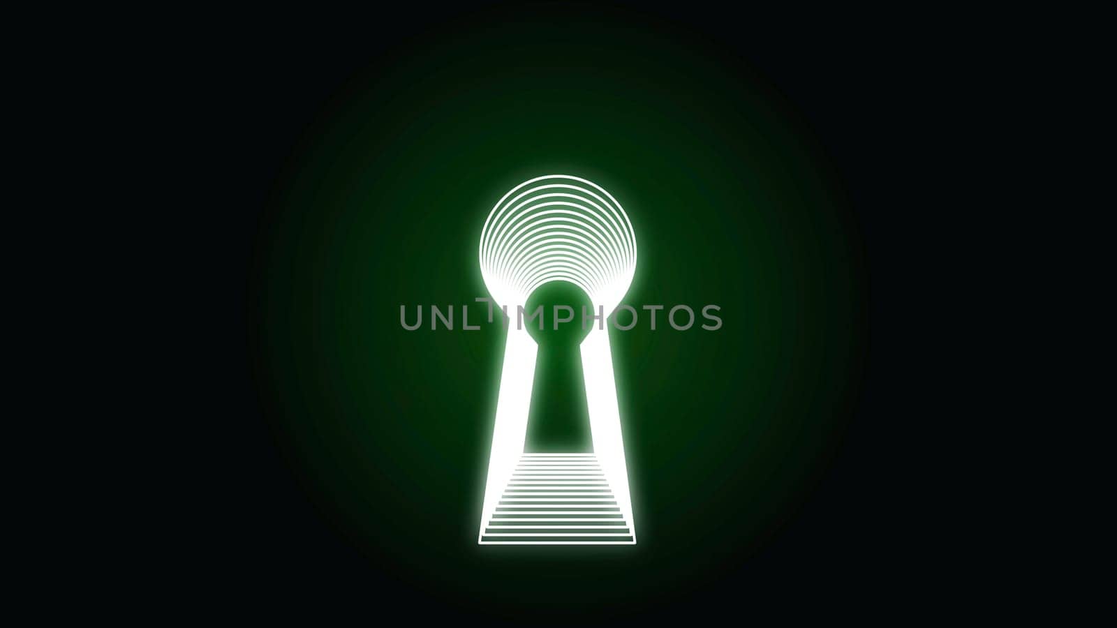 Abstract animation of neon keyhole icon forming the tunnel on black background. Concept of access