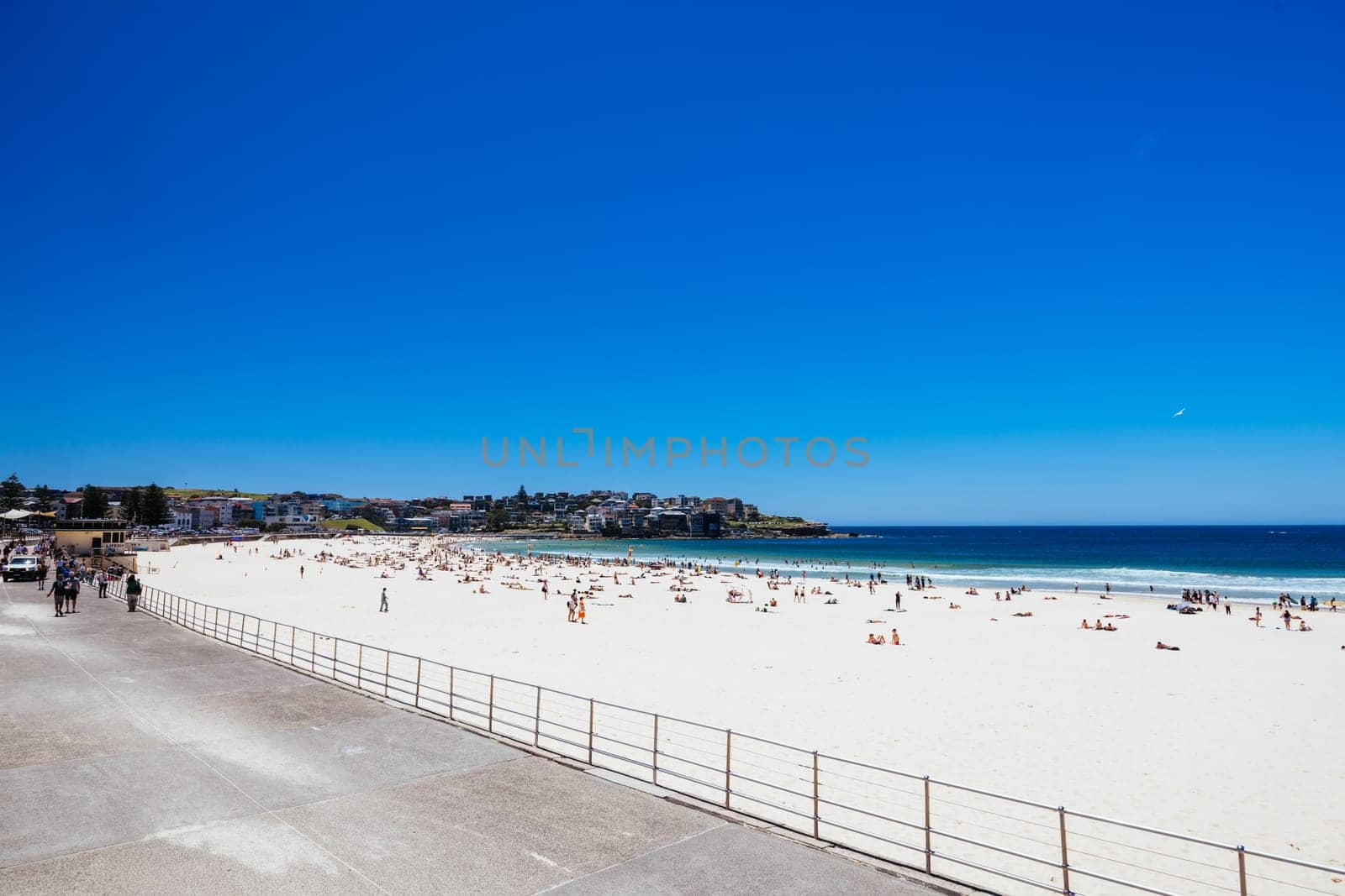 SYDNEY, AUSTRALIA - DECEMBER 05 2023: General beach view towards Bondi Beach on a warm summer's day in Sydney, New South Wales, Australia