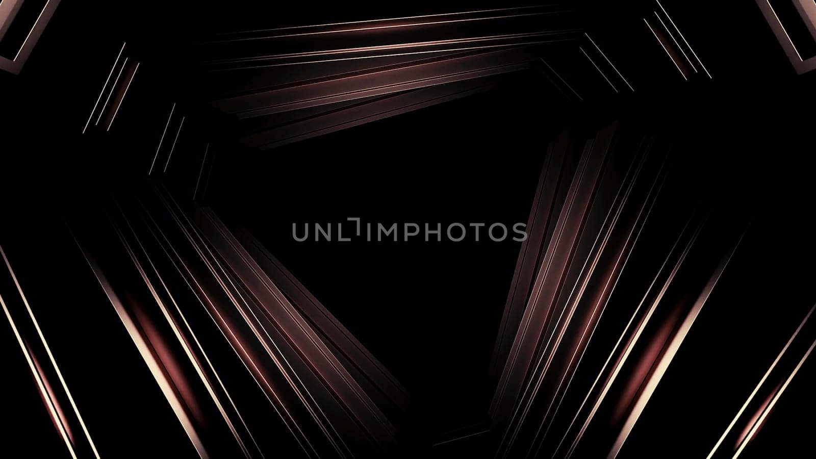 3D tunnel with darkness. Design. Rotating 3d tunnel with geometric metal parts. Emerging geometric tunnel in dark.