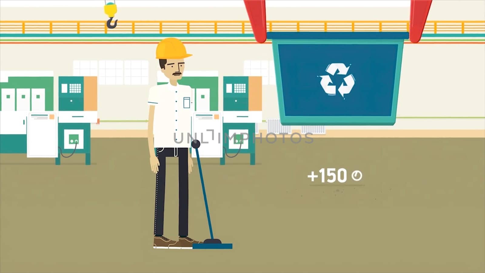Colorful cartoon animation with a garbage recycling factory, ecology and environment concept. Worker in yellow helmet walking through the dark corridor to the waste recycling shop to pull the lever