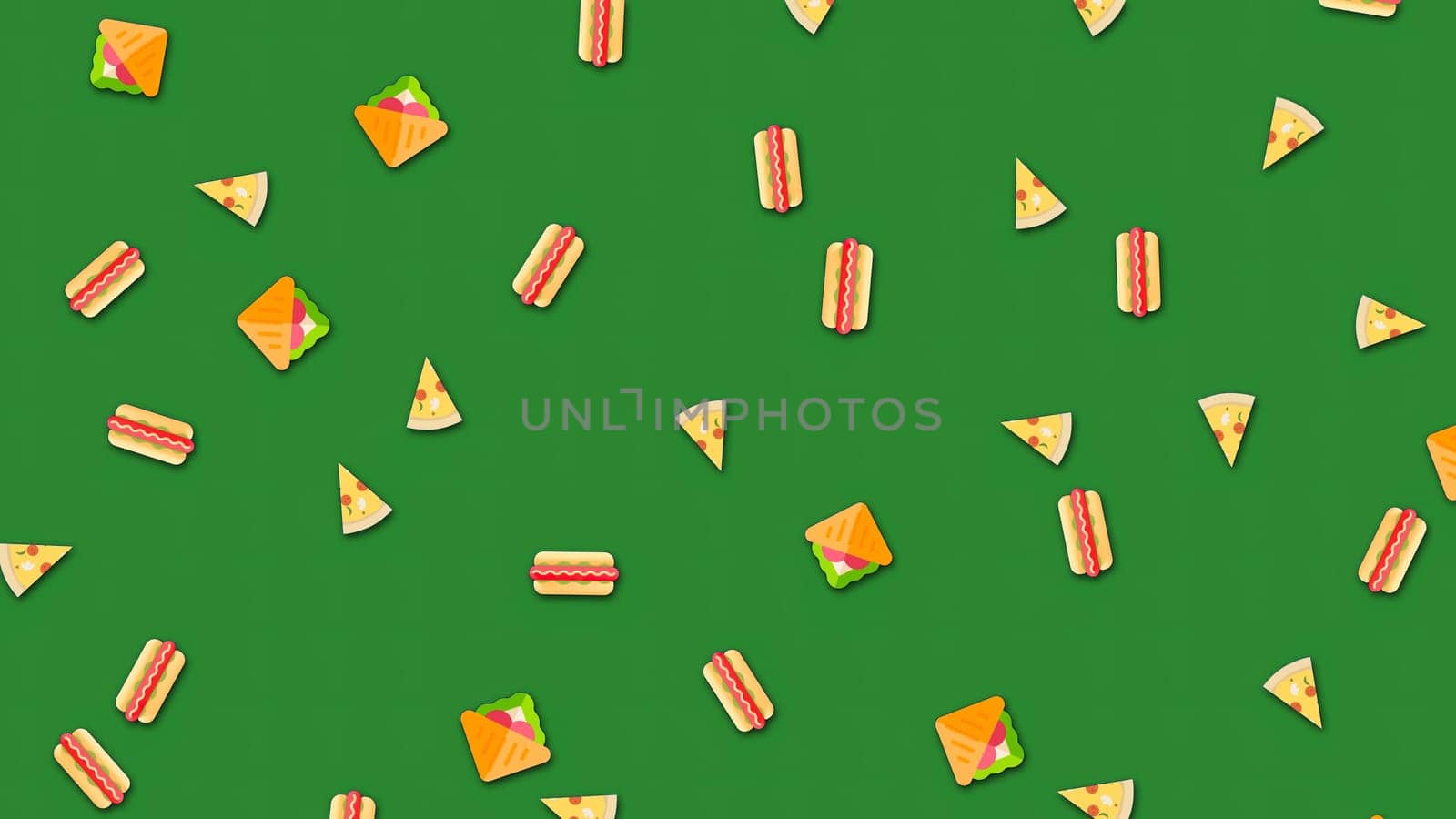 Animated background with repeating food pattern on green background. Animation. Beautiful cartoon animation with vibrating repetitive food drawings.