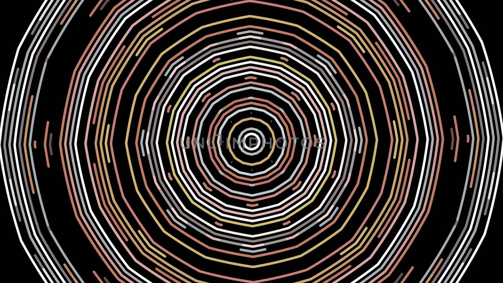 Beautiful neon geometric lines and patterns rotating in octagon on the black background. Animated neon kaleidoscopes