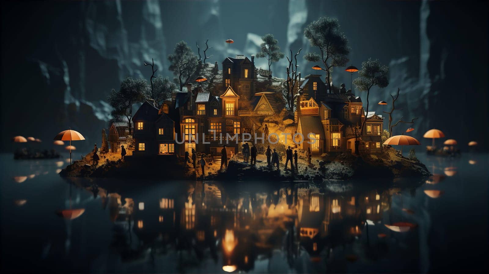 Bright small town with cozy houses among dark rocks. Cozy housing concept. AI generated
