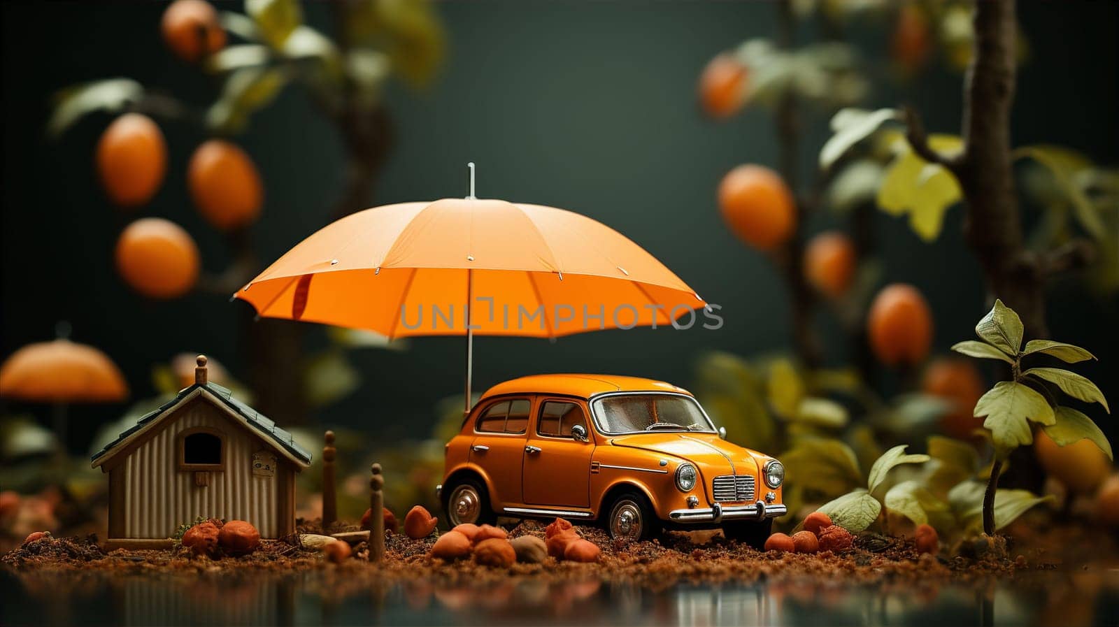 Orange retro car standing under umbrella near trees in autumn. Car insurance concept. AI generated