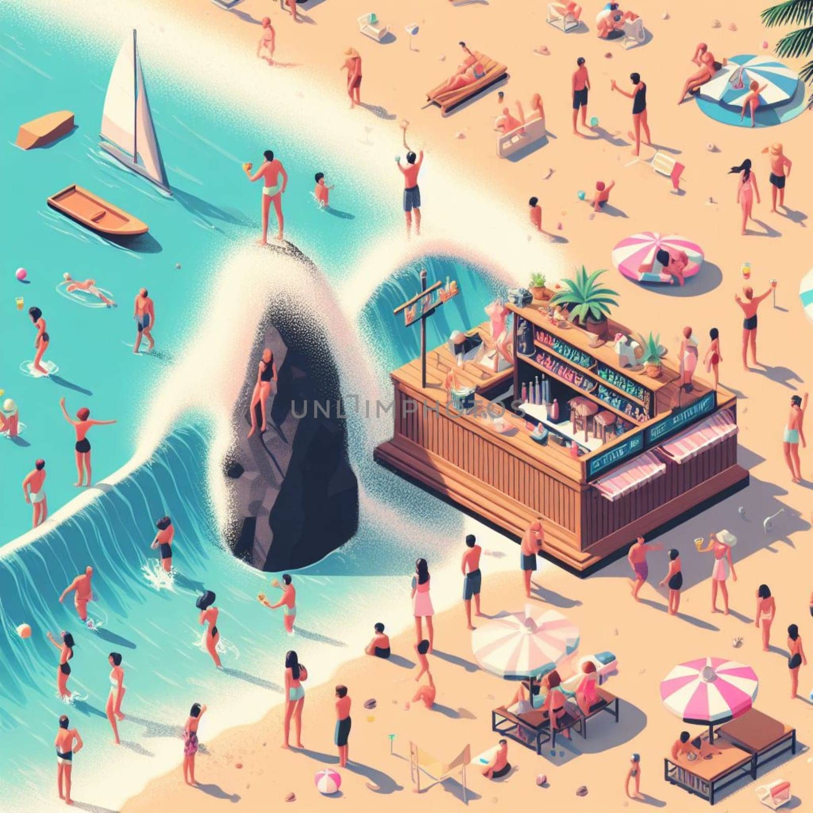 people having fun in the beach, isometric view, sea waves, 3d illustration by verbano