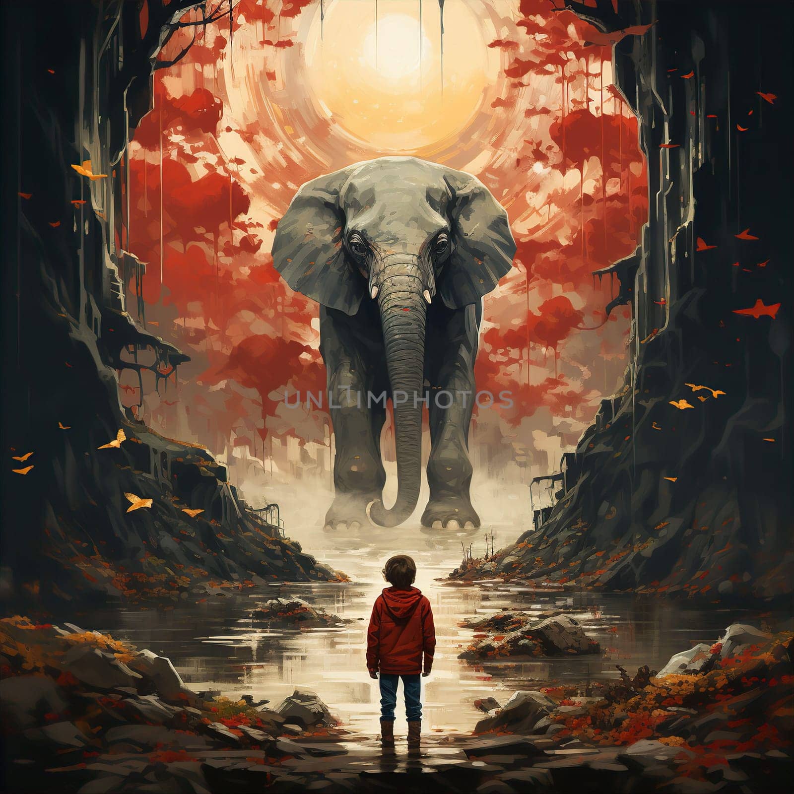 Small child standing in front of large elephant in mountains and water. Do not be afraid of your fears concept. AI generated