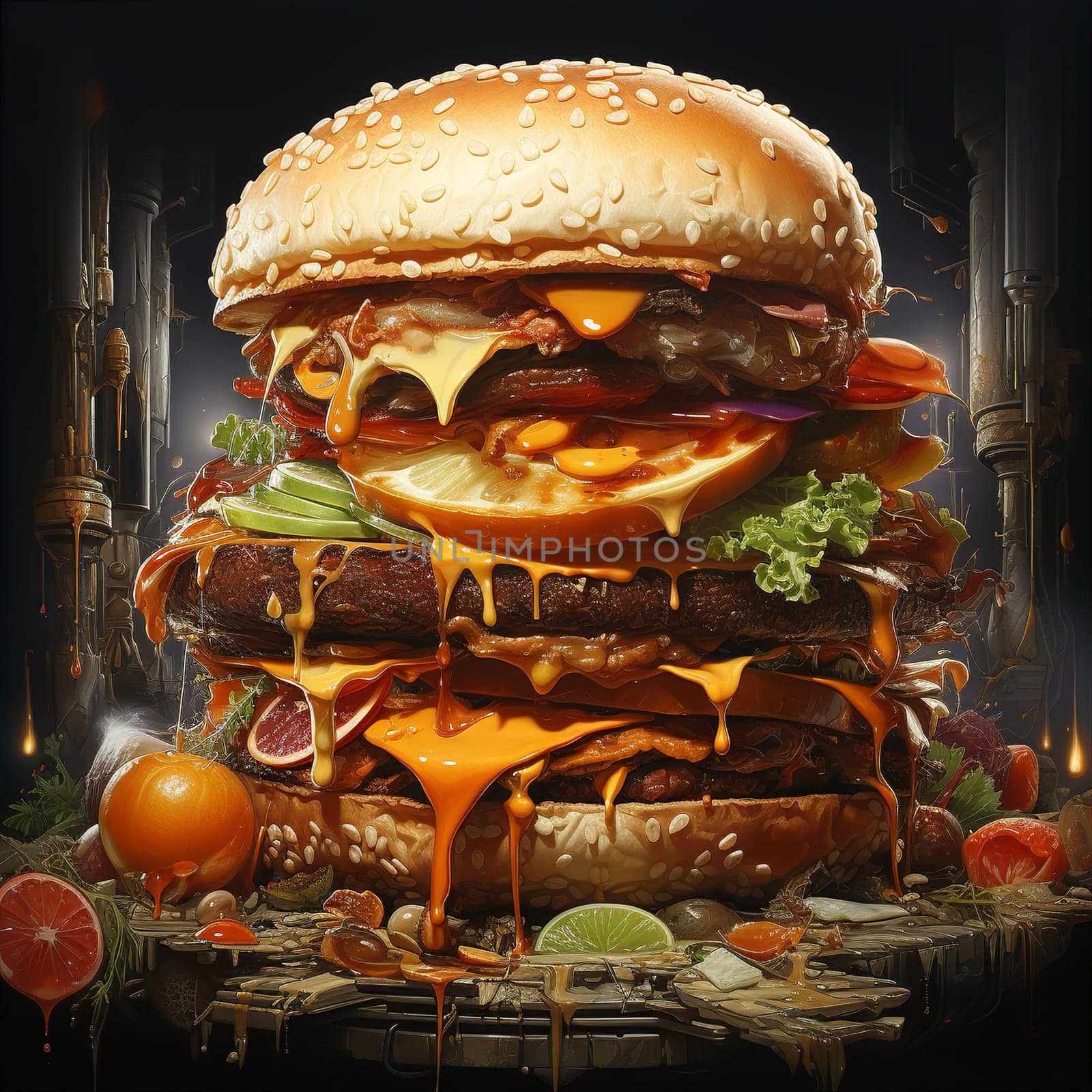 Huge appetizing burger with cheese and meat cutlet on dark background by kuprevich