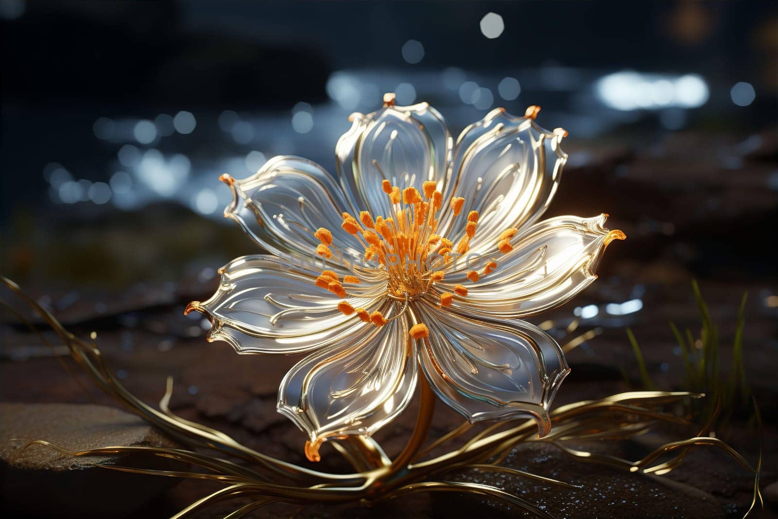 Beautiful glowing flower with white transparent petals at night. Beautiful nature concept. AI generated