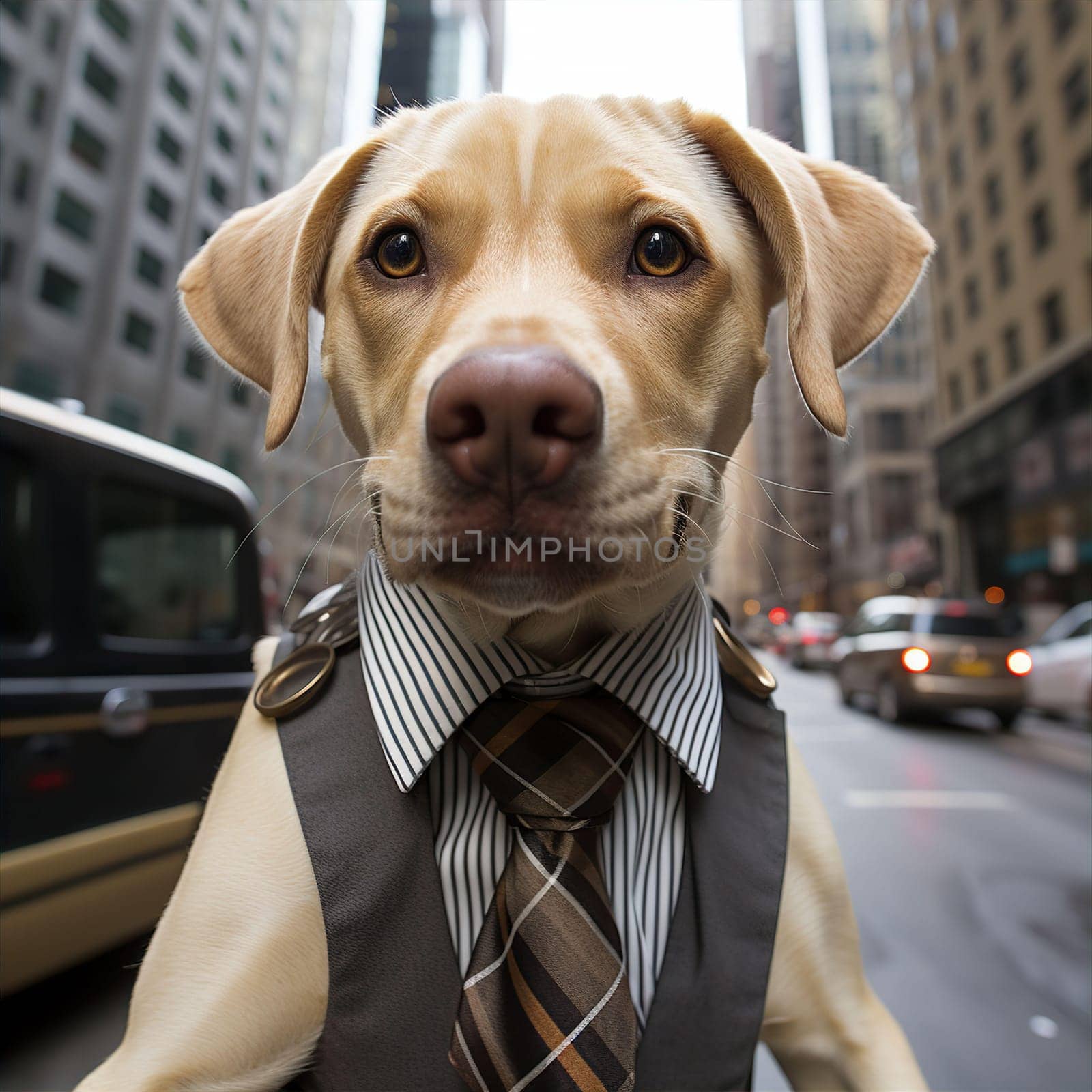 Beautiful elegant dog in business suit with tie in city by kuprevich