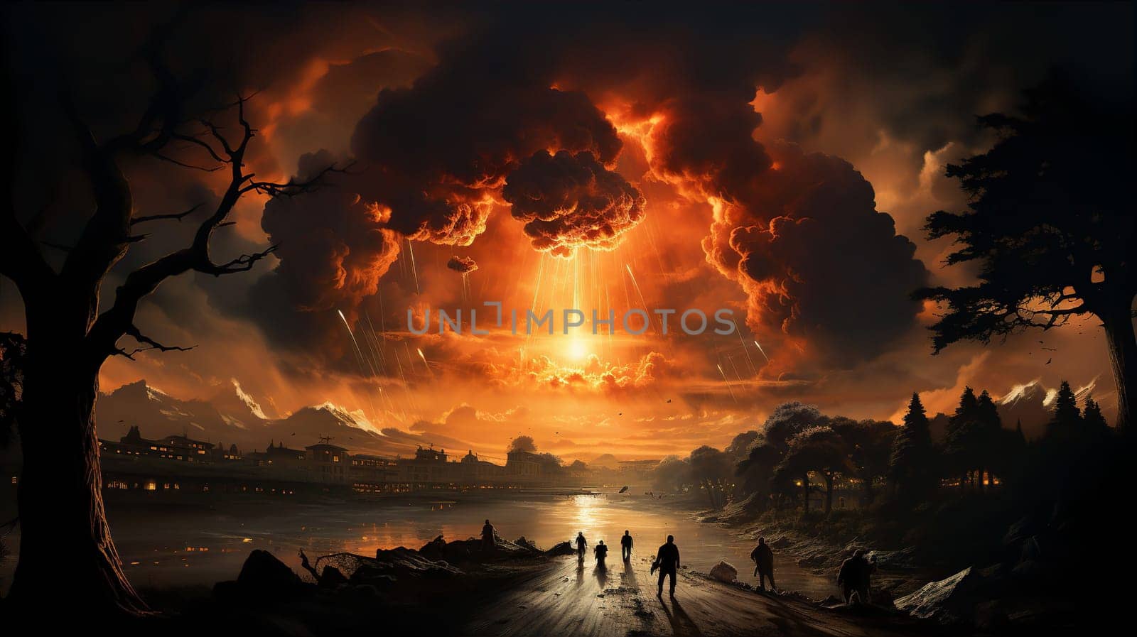 People standing against backdrop of fire and looking at destroyed city. War and end of world concept. AI generated