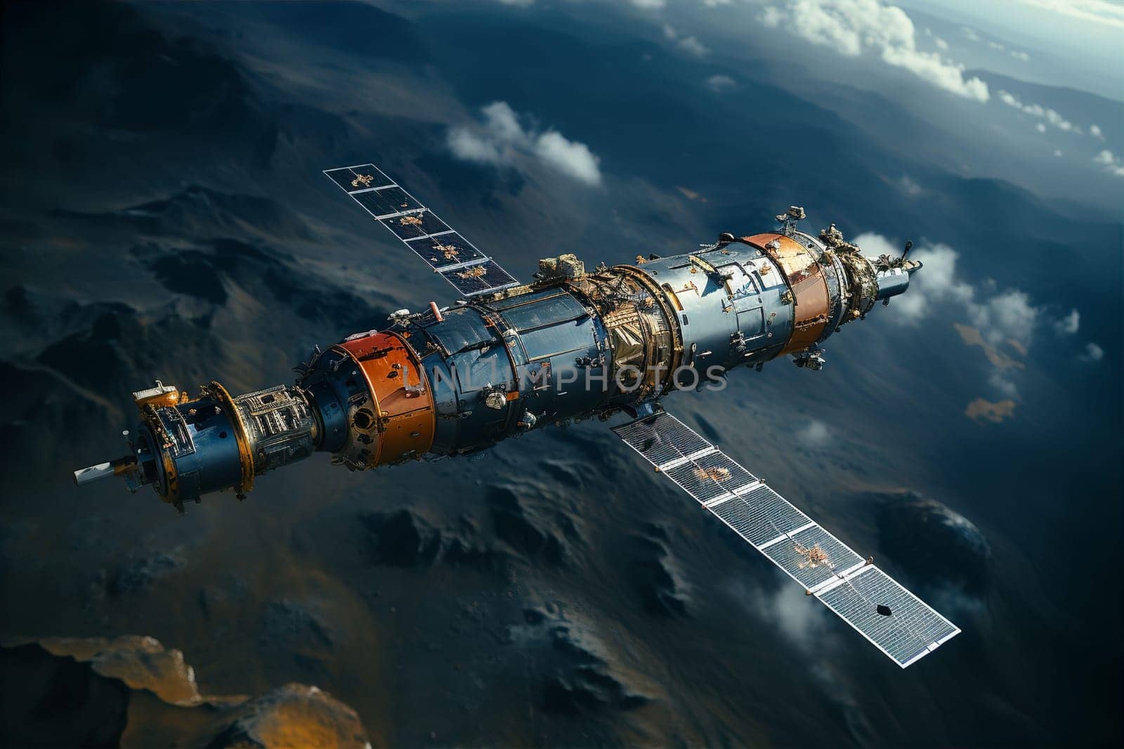 International orbital space station in orbit of planet earth. New space technology concept. AI generated