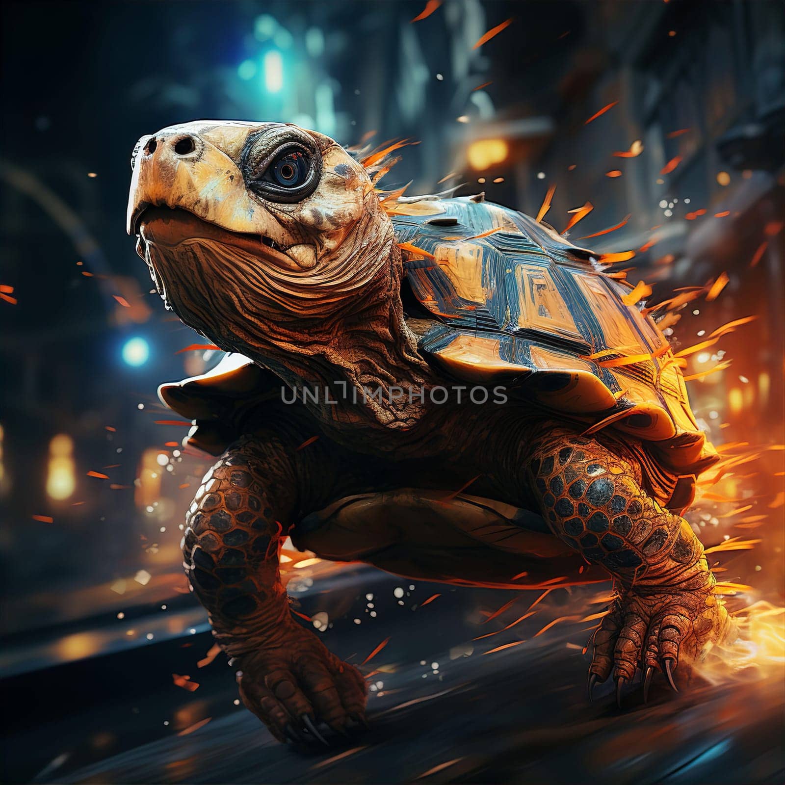 Turtle in iron armor in burning city. Animal protection concept. AI generated