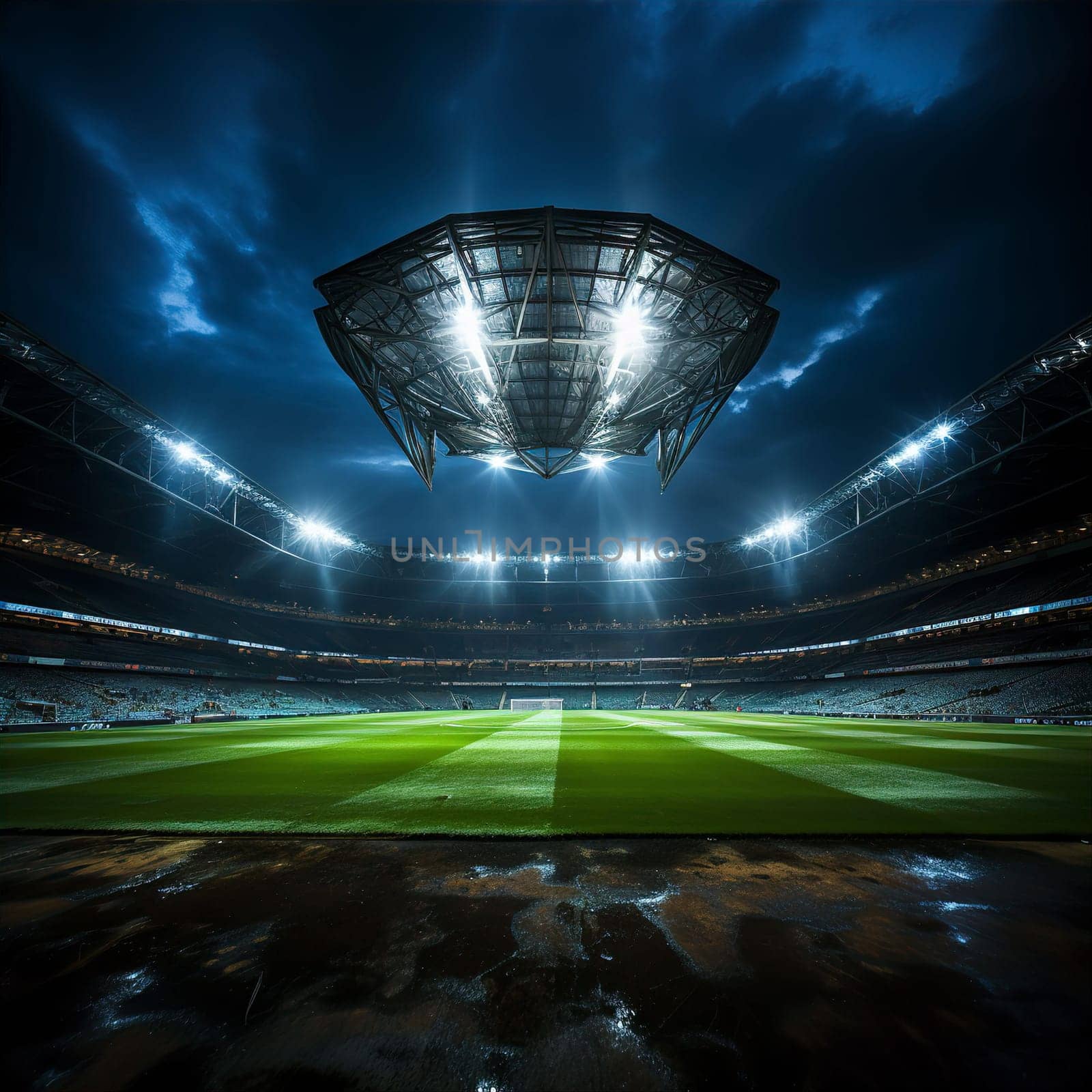 Large stadium with green field for playing football by kuprevich