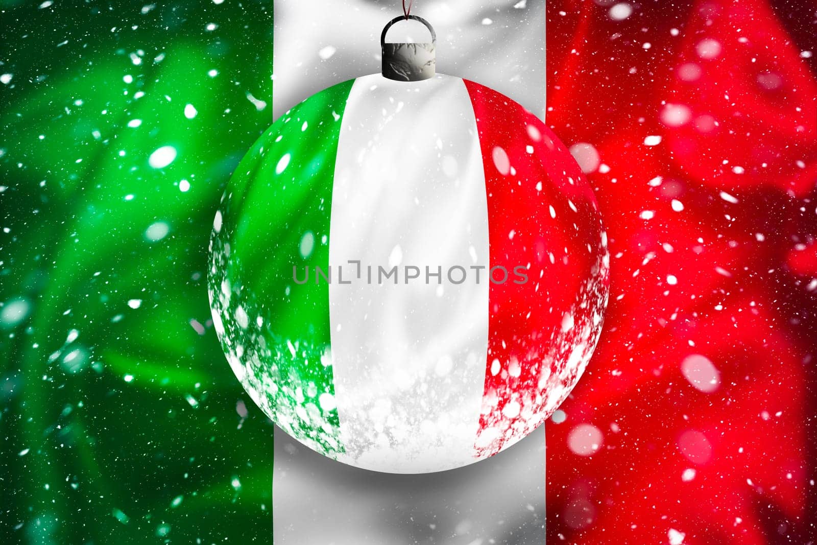 Italy flag snow view through glass Christmas ball, xmas season illustration, Rome, Italy