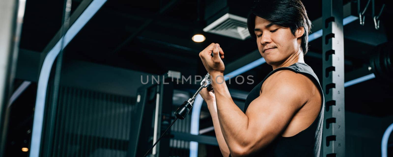 Concept of fitness and exercise - a muscular male athlete pulling a cable tricep rope during a strength training session. lifestyle and people concept