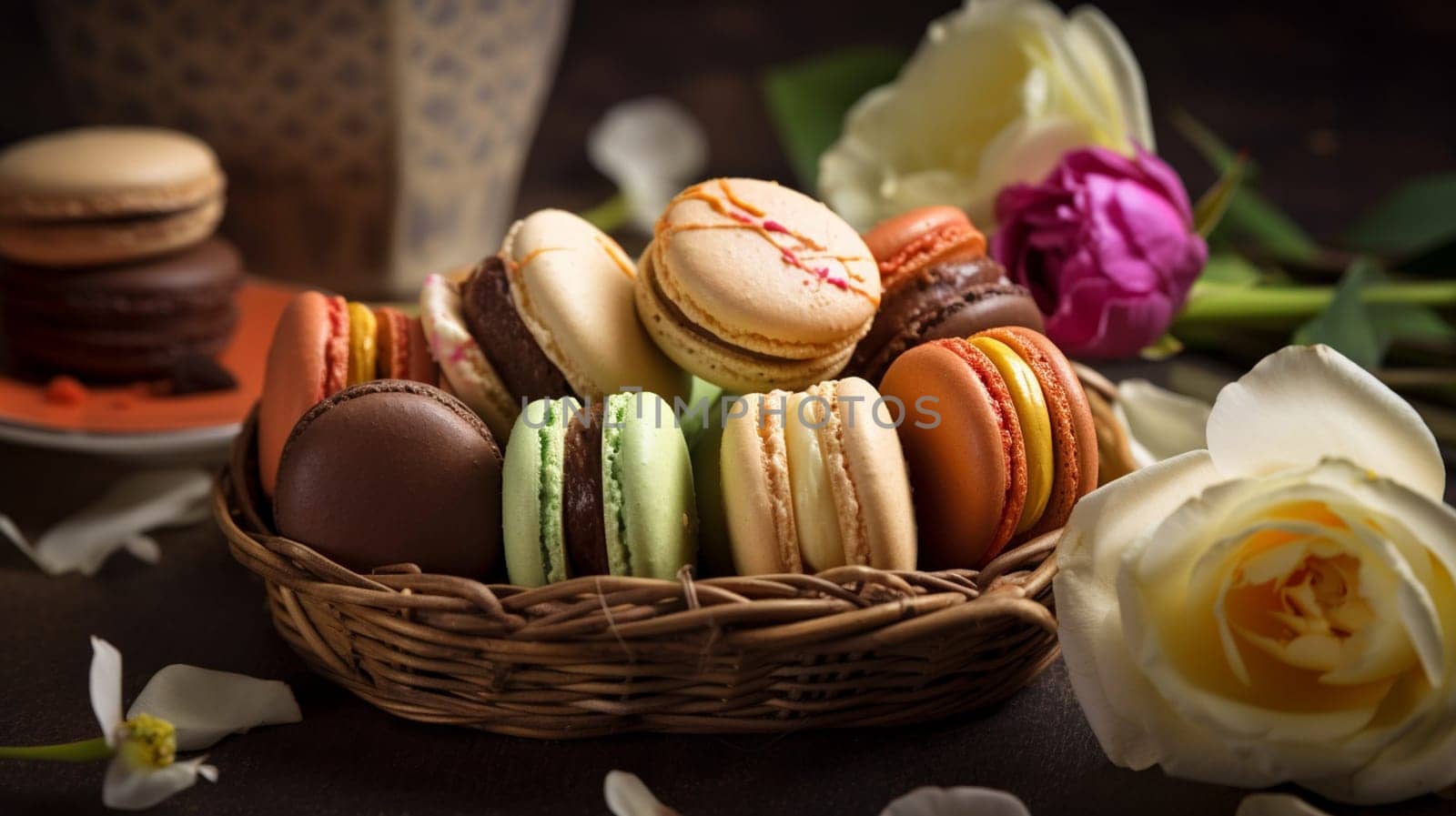 Macaroons on a beautiful background. high resolution selective focus. Generative AI, by mila1784