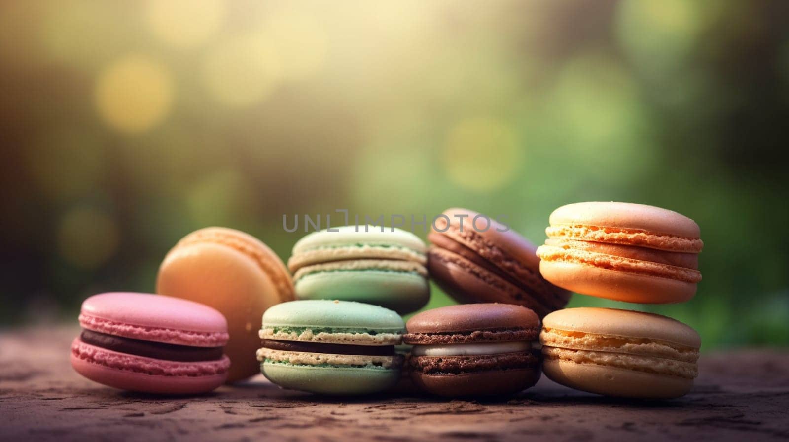 Macaroons on a beautiful background. high resolution selective focus. Generative AI, by mila1784