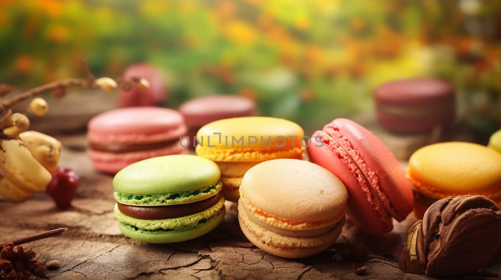 Macaroons on a beautiful background. high resolution selective focus. Generative AI, by mila1784