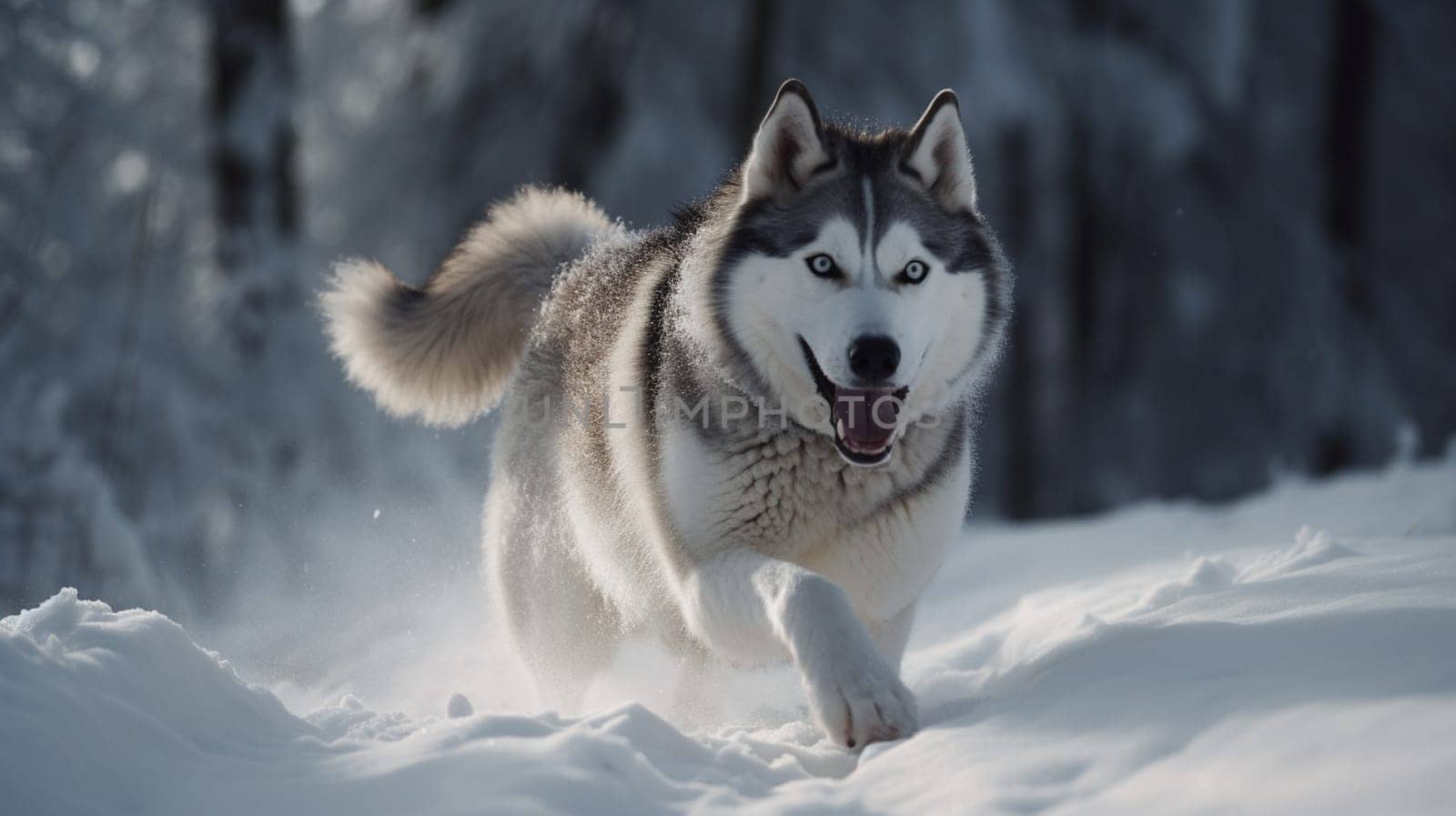 Huskies running in the snow. selective focus. animals Generate AI