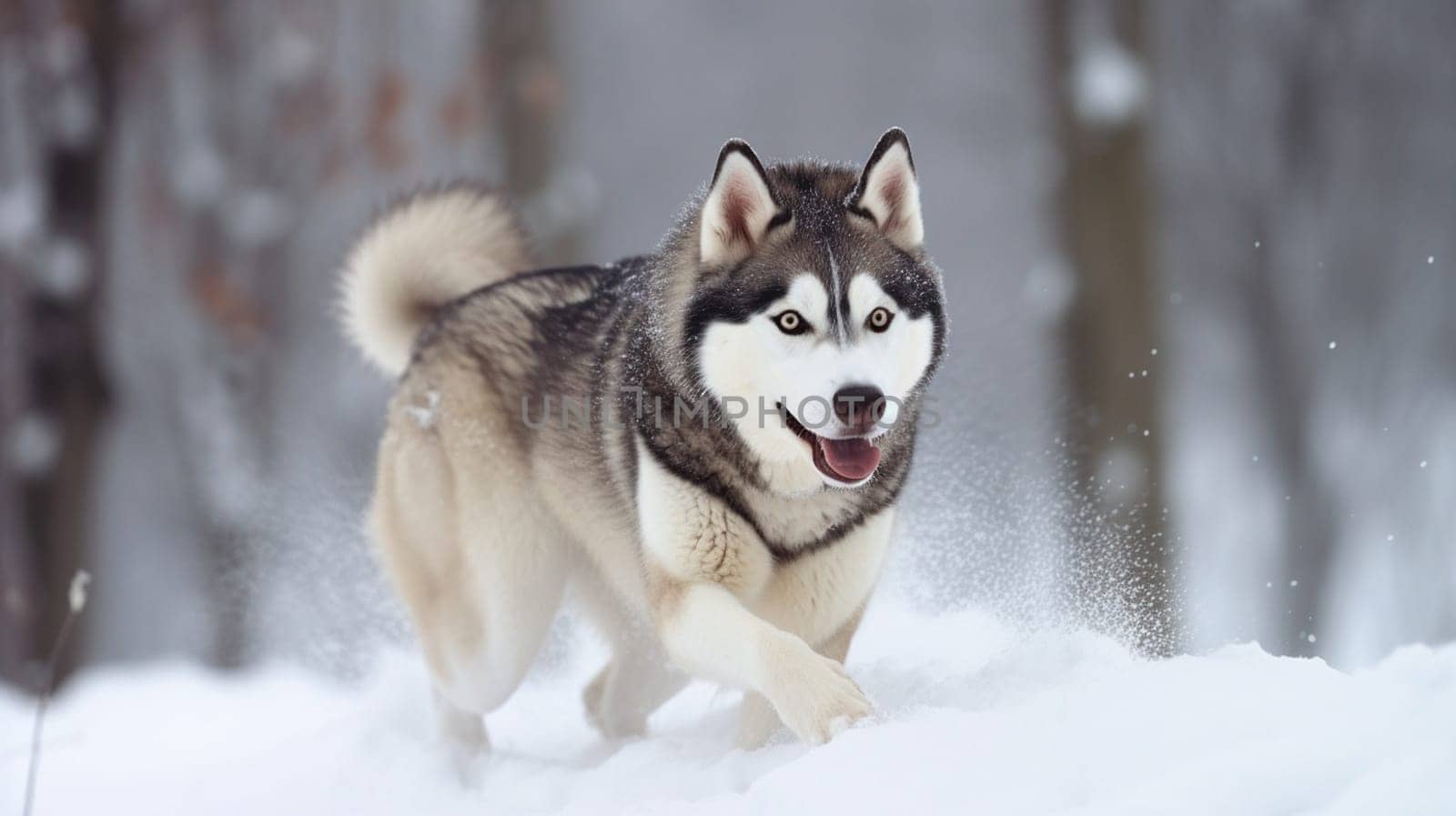 Huskies running in the snow. selective focus. Generate AI by mila1784