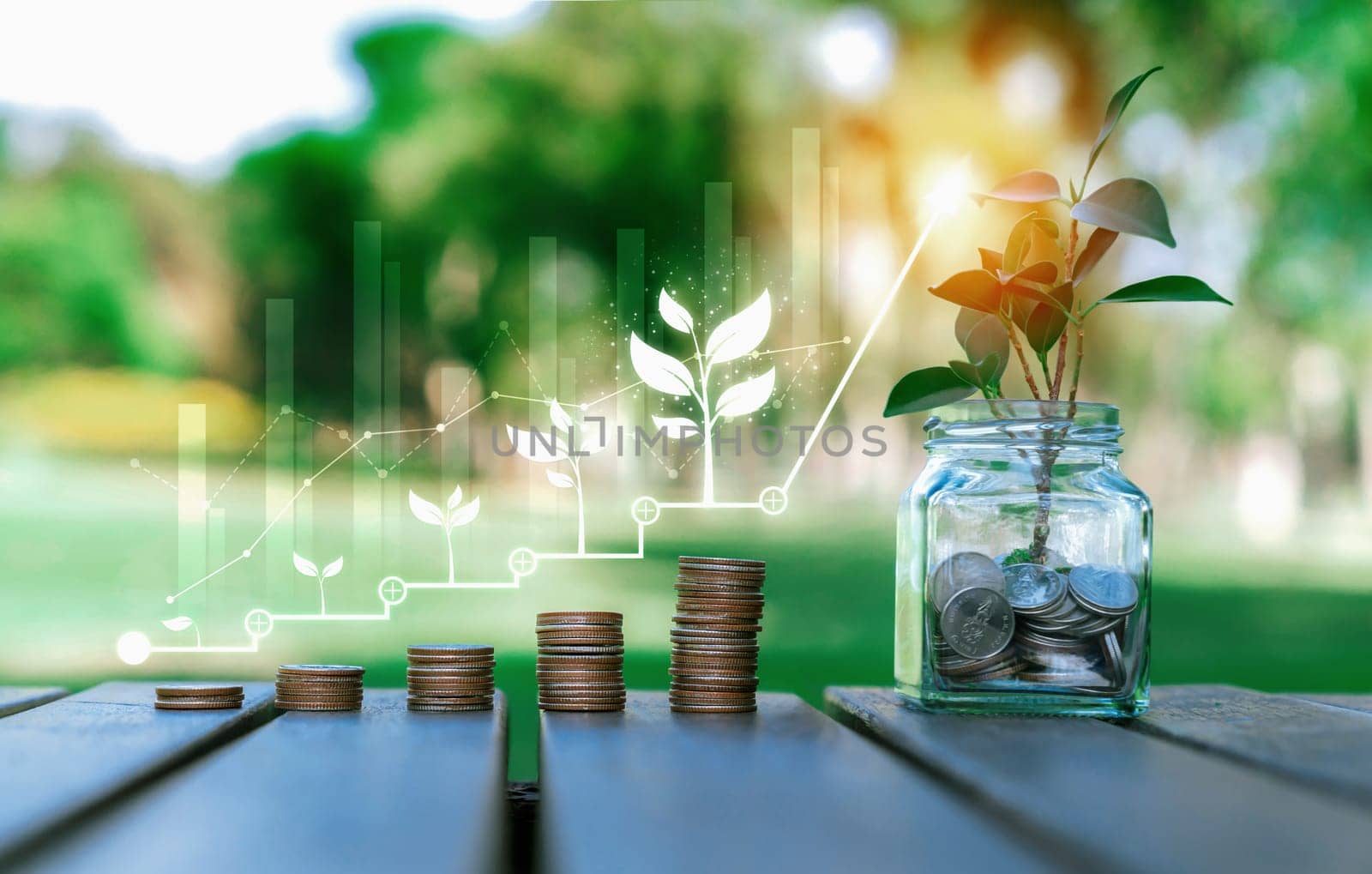 Growing coin stack and tree planted inside money saving jar with ESG business investment with sustainable growth potential lead to profitable financial return and environmental protection. Reliance