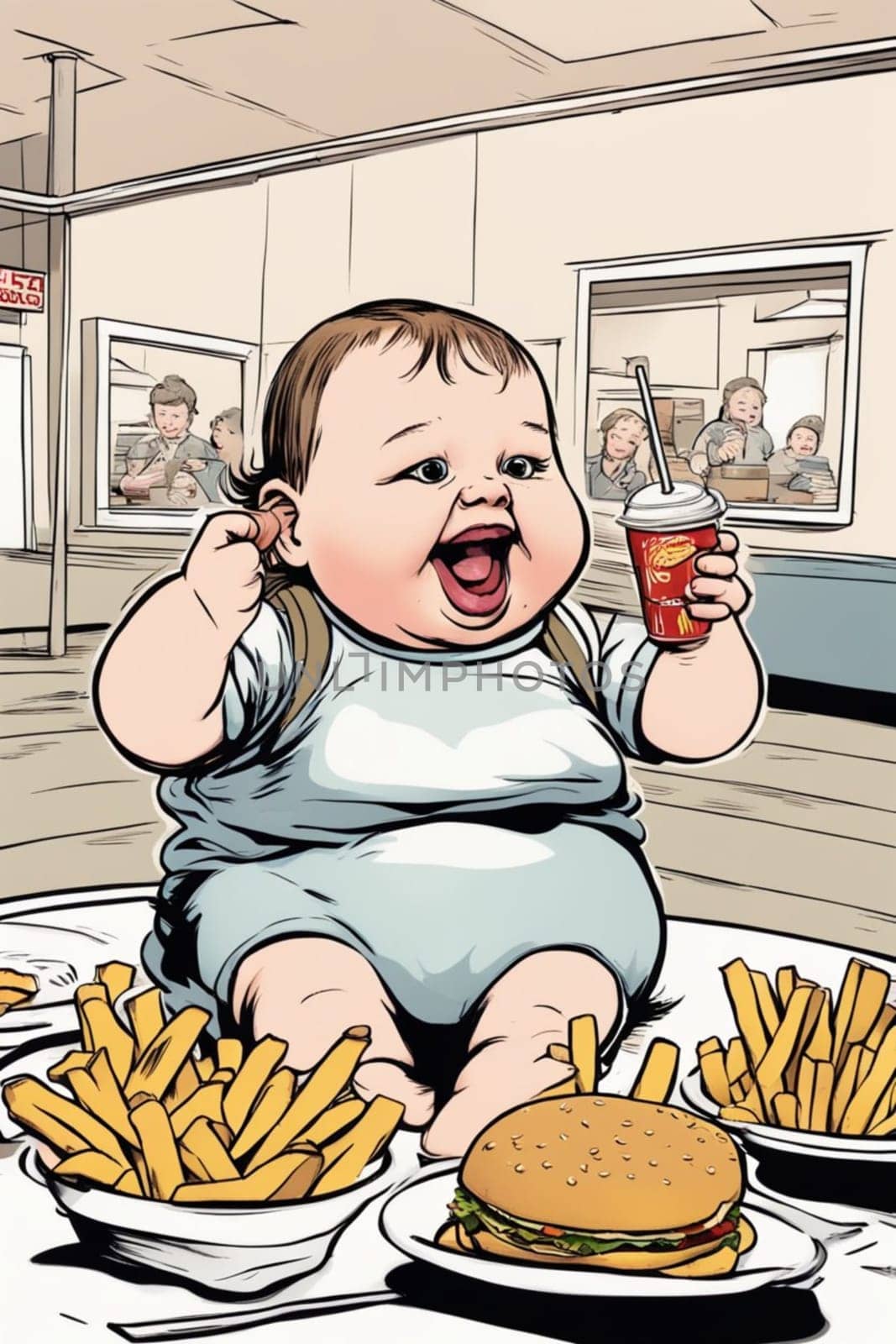obese boy girl eating fast food , hamburger, french fries - unhealthy eating concept illustration generative ai art