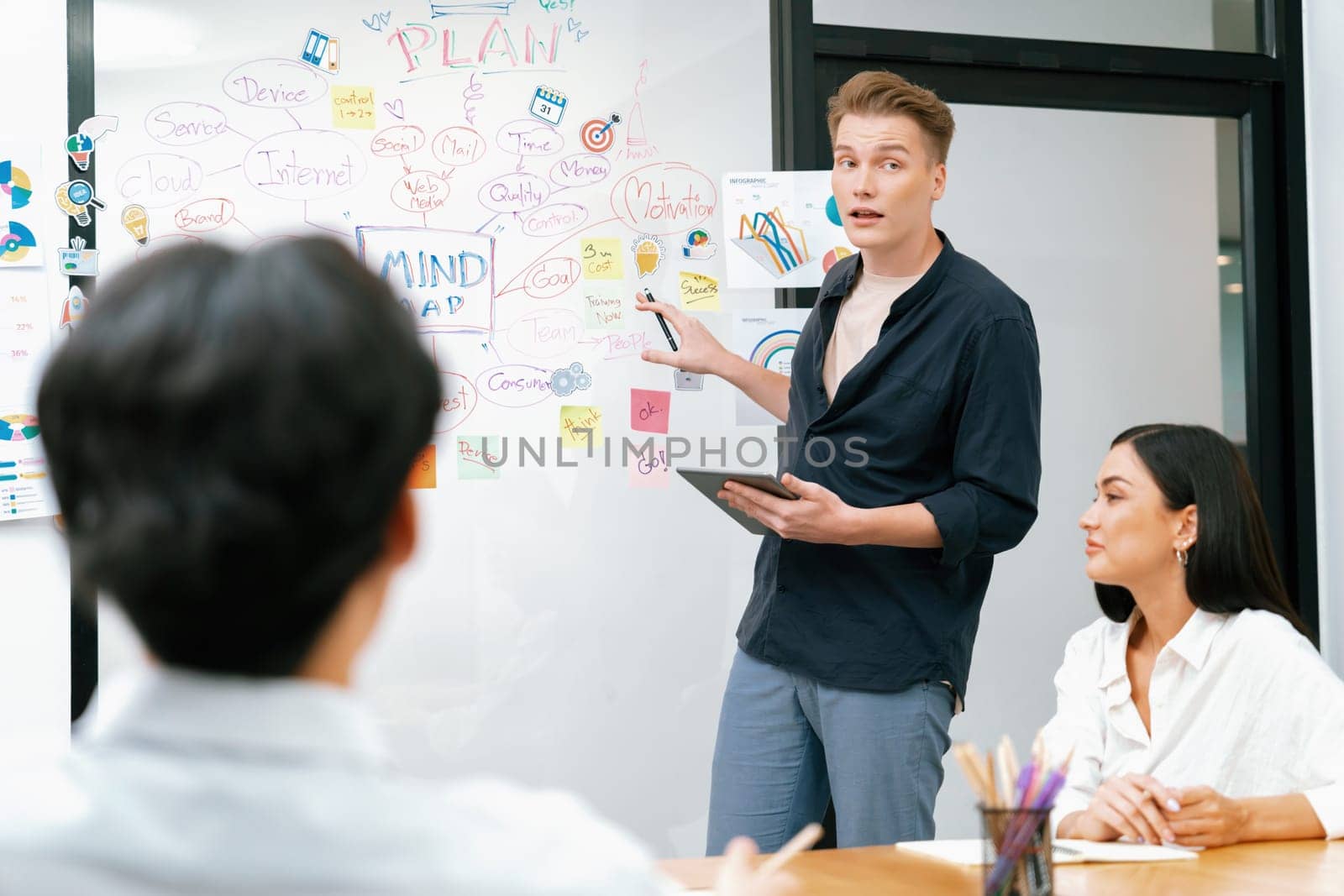 Professional male leader presents start up project by using mind map, colorful sticky notes and business statistic graph with confident while investor listening at business meeting. Immaculate.