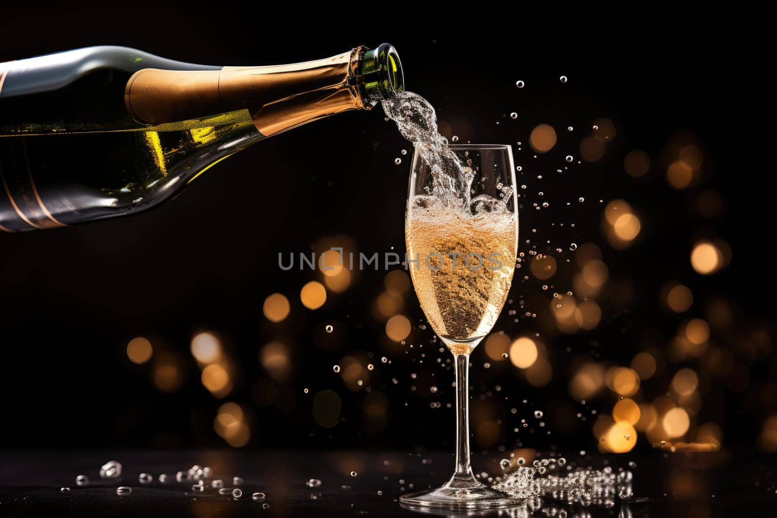 bottle of champagne bubbling over as it pours into a flute champagne glass. AI Generated