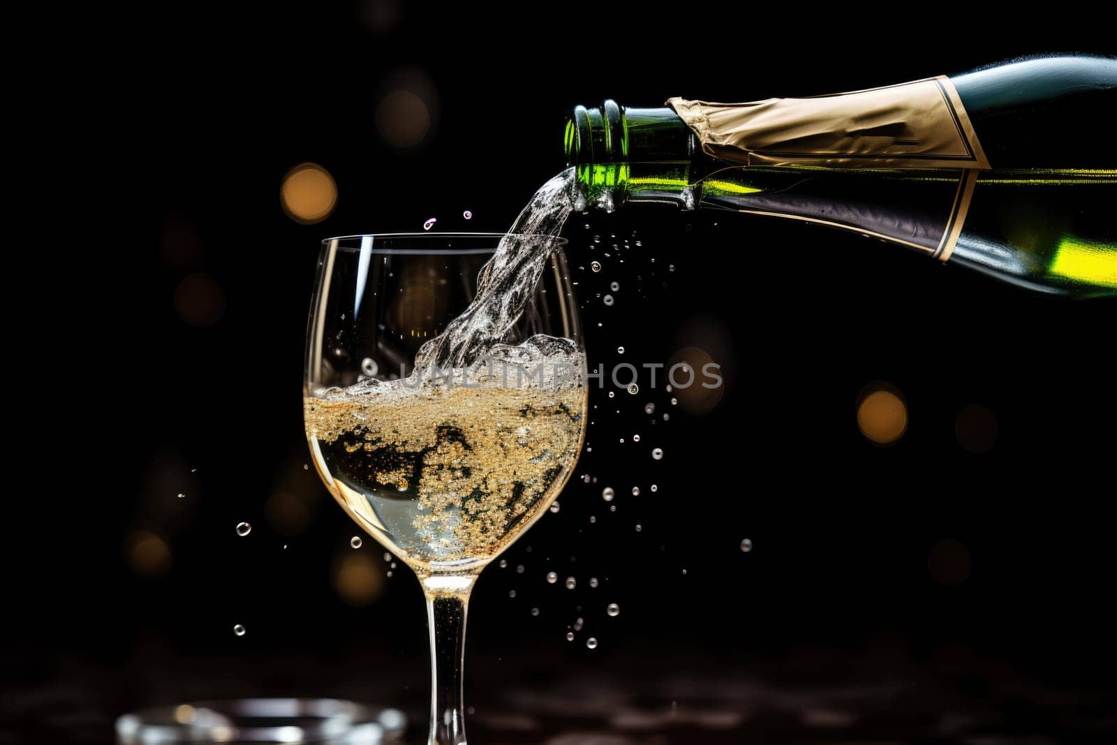 bottle of champagne bubbling over as it pours into a flute champagne glass. AI Generated