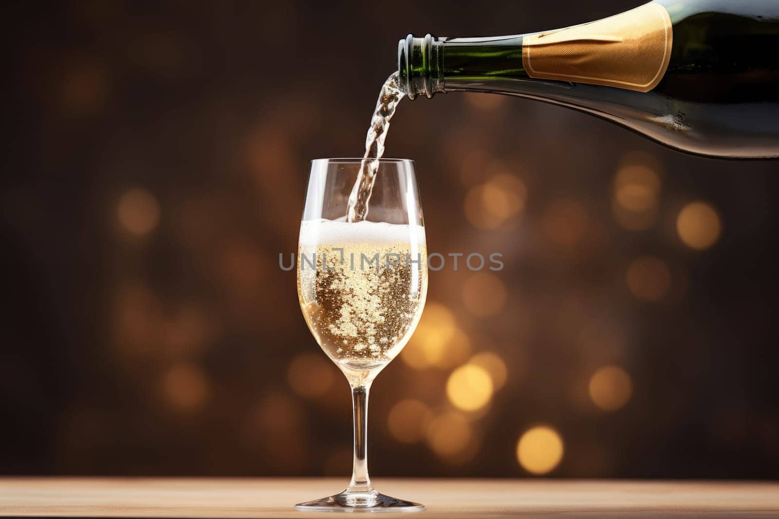 bottle of champagne bubbling over as it pours into a flute champagne glass. AI Generated