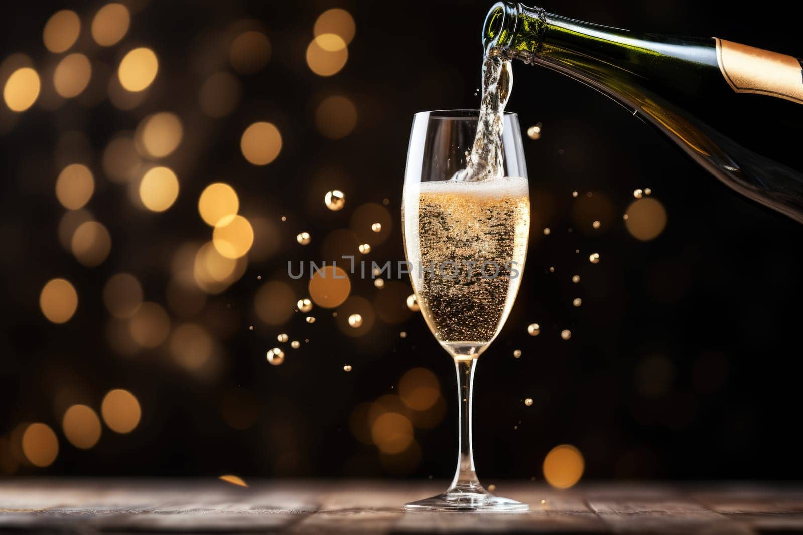 bottle of champagne bubbling over as it pours into a flute champagne glass. AI Generated