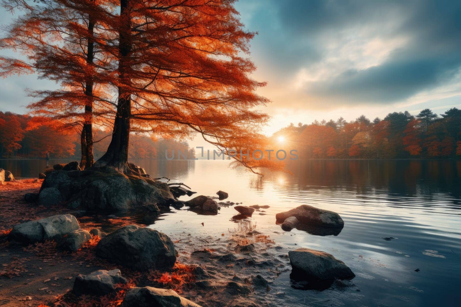 Serene autumn landscape with tree and foggy fields. AI Generated by Desperada