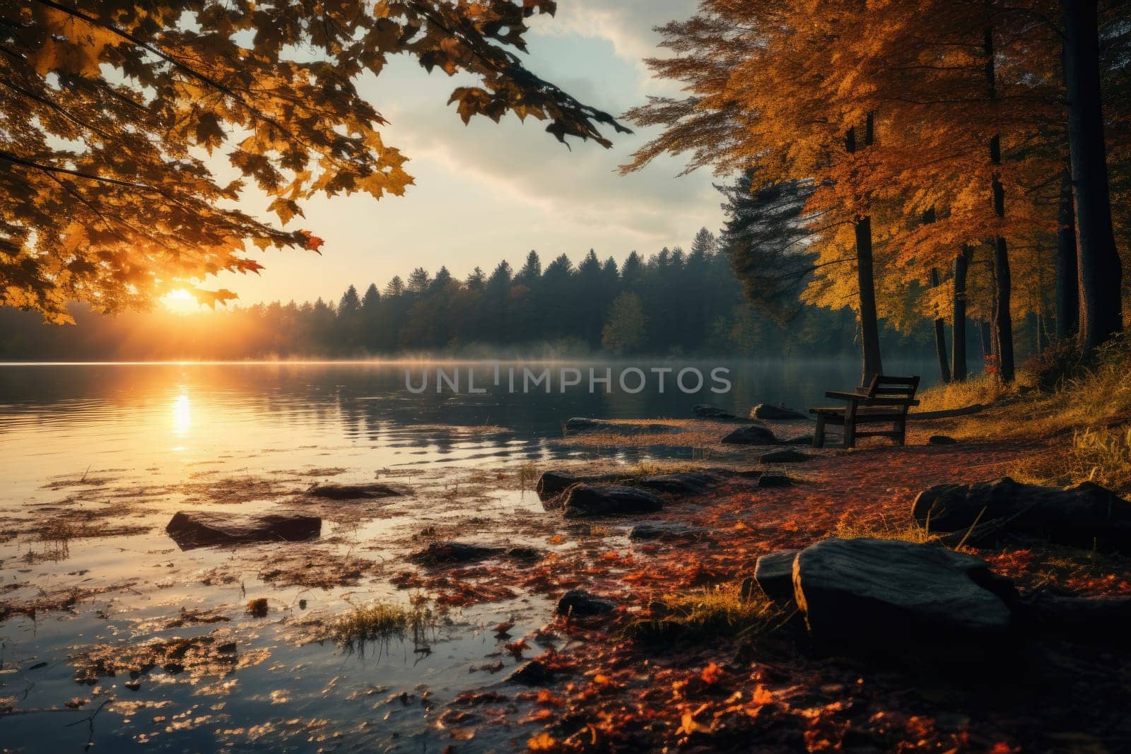 Peaceful autumn landscape with tree and foggy lake, golden hour, sunrise. AI Generated